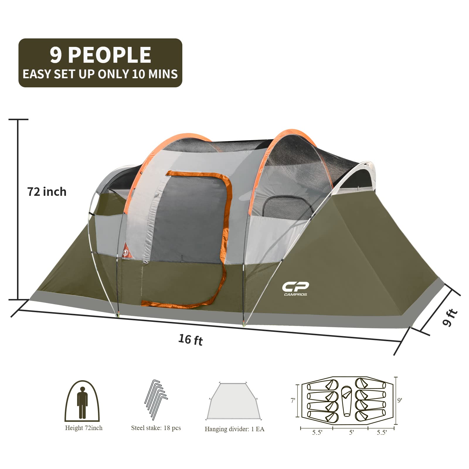 CAMPROS CP Tent 9-Person Waterproof Camping Tent - 2 Room Family Tent with Rainfly, 4 Large Mesh Windows & Carry Bag - Easy Setup for Outdoor Adventures, Hiking, and Backyard Camping