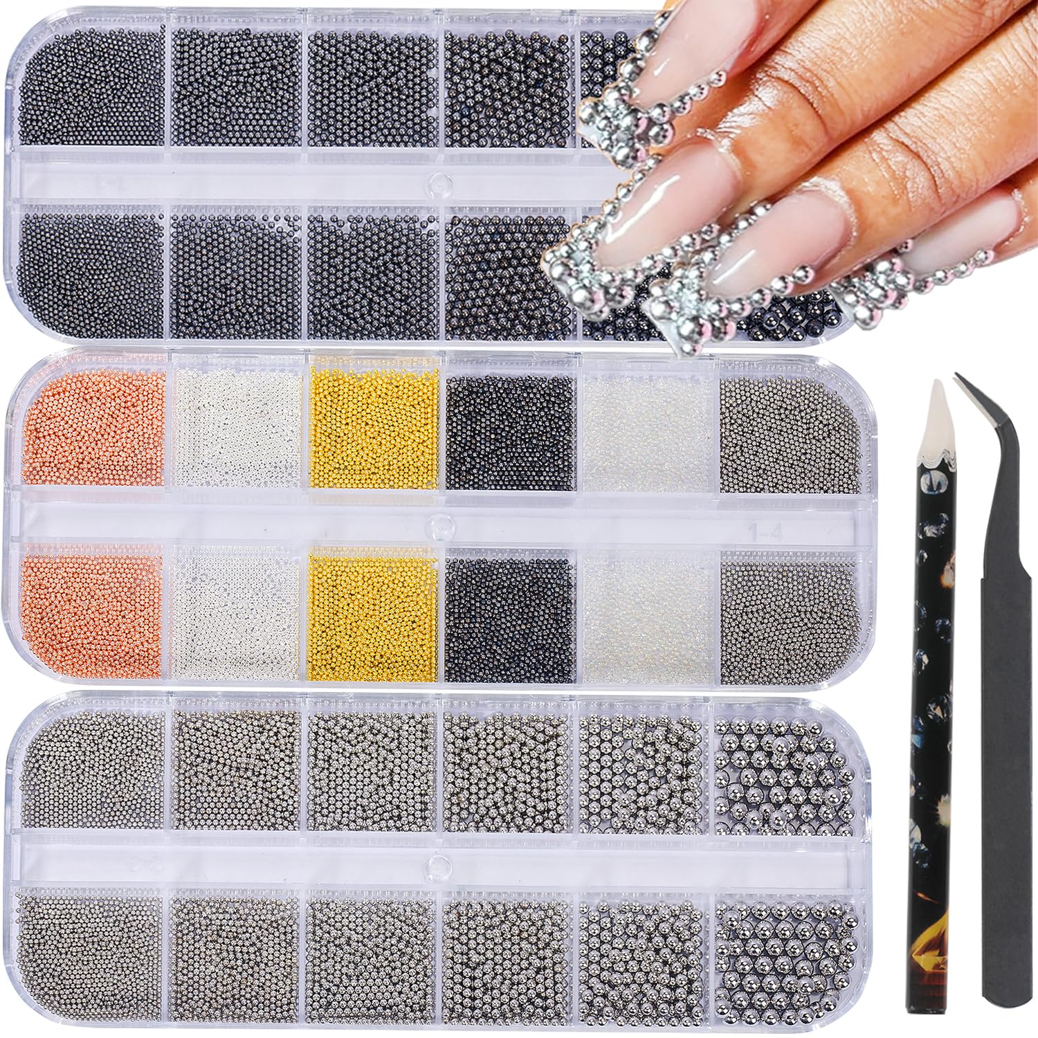 3D Metal Nail Art Beads & Pearls - Mini Caviar Bead Balls for DIY Nail Design & Decoration - Perfect for Manicures, Nail Art, and Craft Projects
