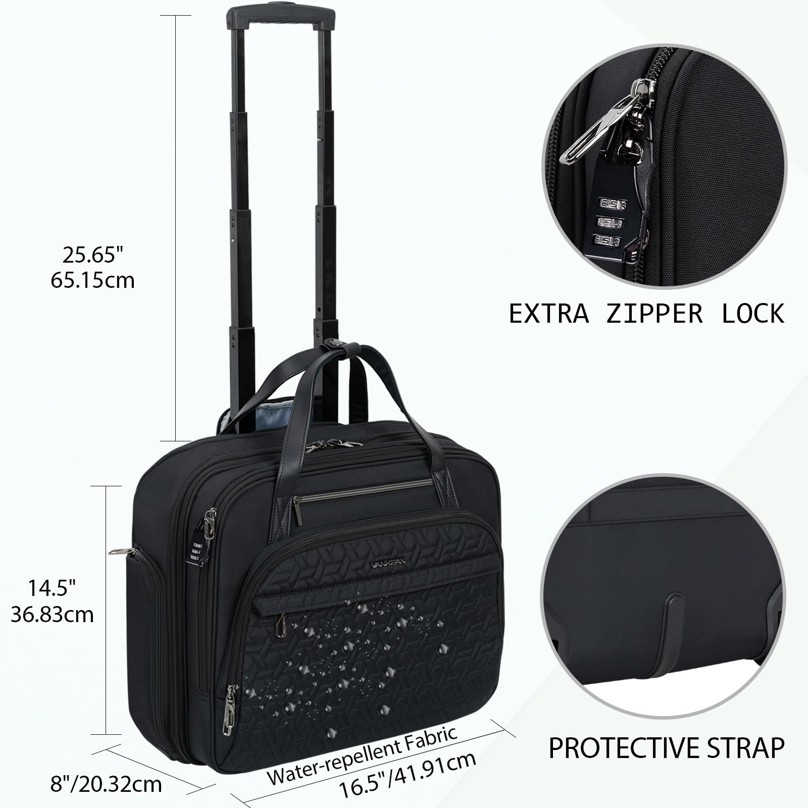 VANKEAN Rolling Laptop Bag for Women & Men - Waterproof Rolling Briefcase Fits 15.6 Inch Laptop with RFID Pockets - Ideal for Travel, Business, College, and Daily Commute