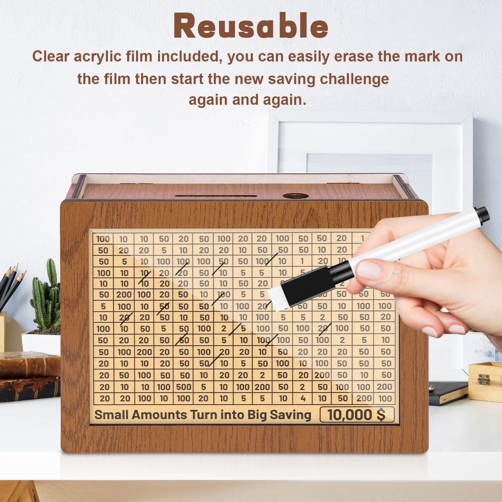 10000 Kakeibo Money Box - Wooden Savings Challenge Box with 9 Goal Trackers, Cash Vault & Piggy Bank for Adults & Kids - Perfect for Budgeting, Financial Planning, and Teaching Money Management Skills at Home or School