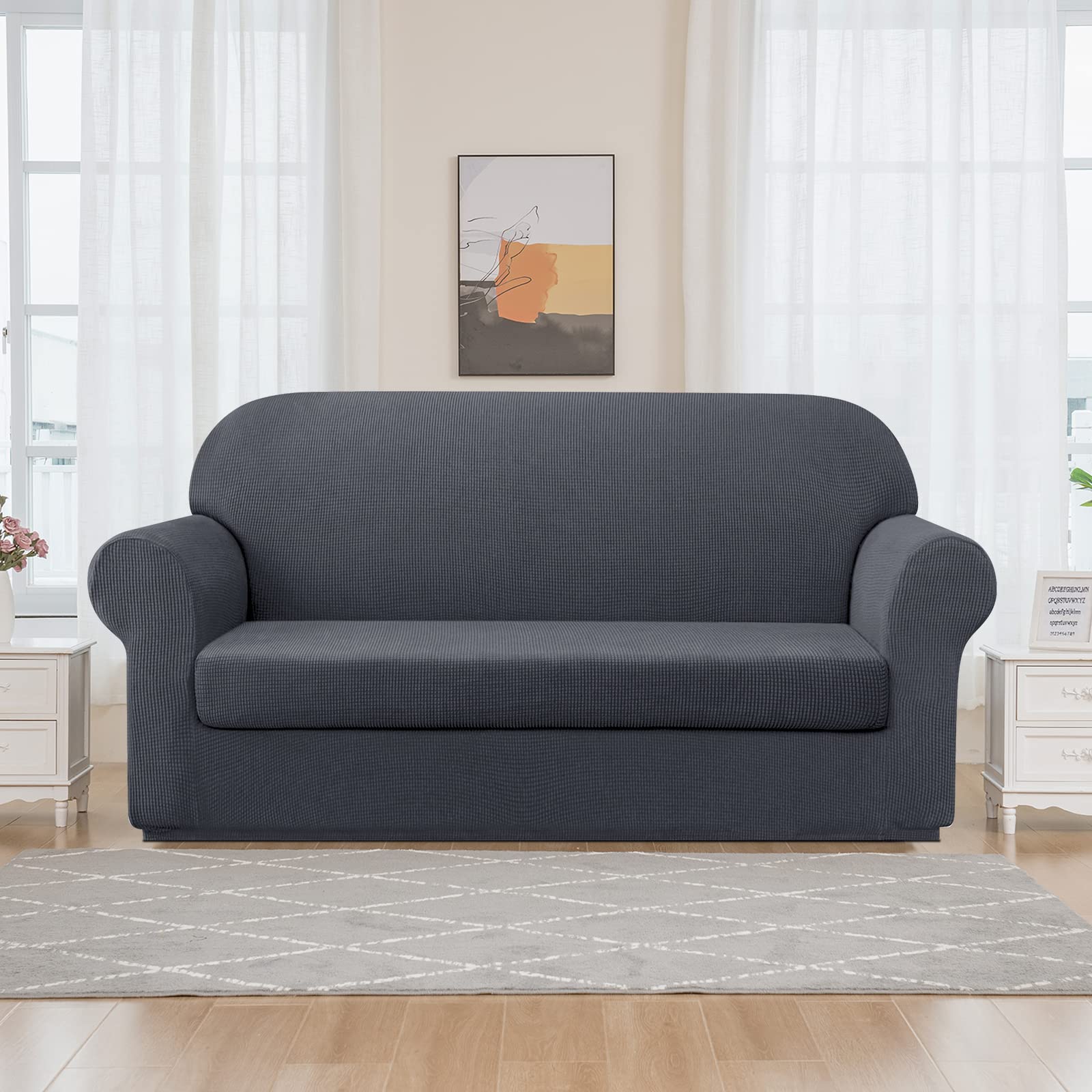 SUBRTEX Stretch Sofa Covers 2-Piece Set - Washable Elastic Slipcover for 2-3 Cushion Couches, Medium Gray - Perfect for Living Room Protection & Home Decor