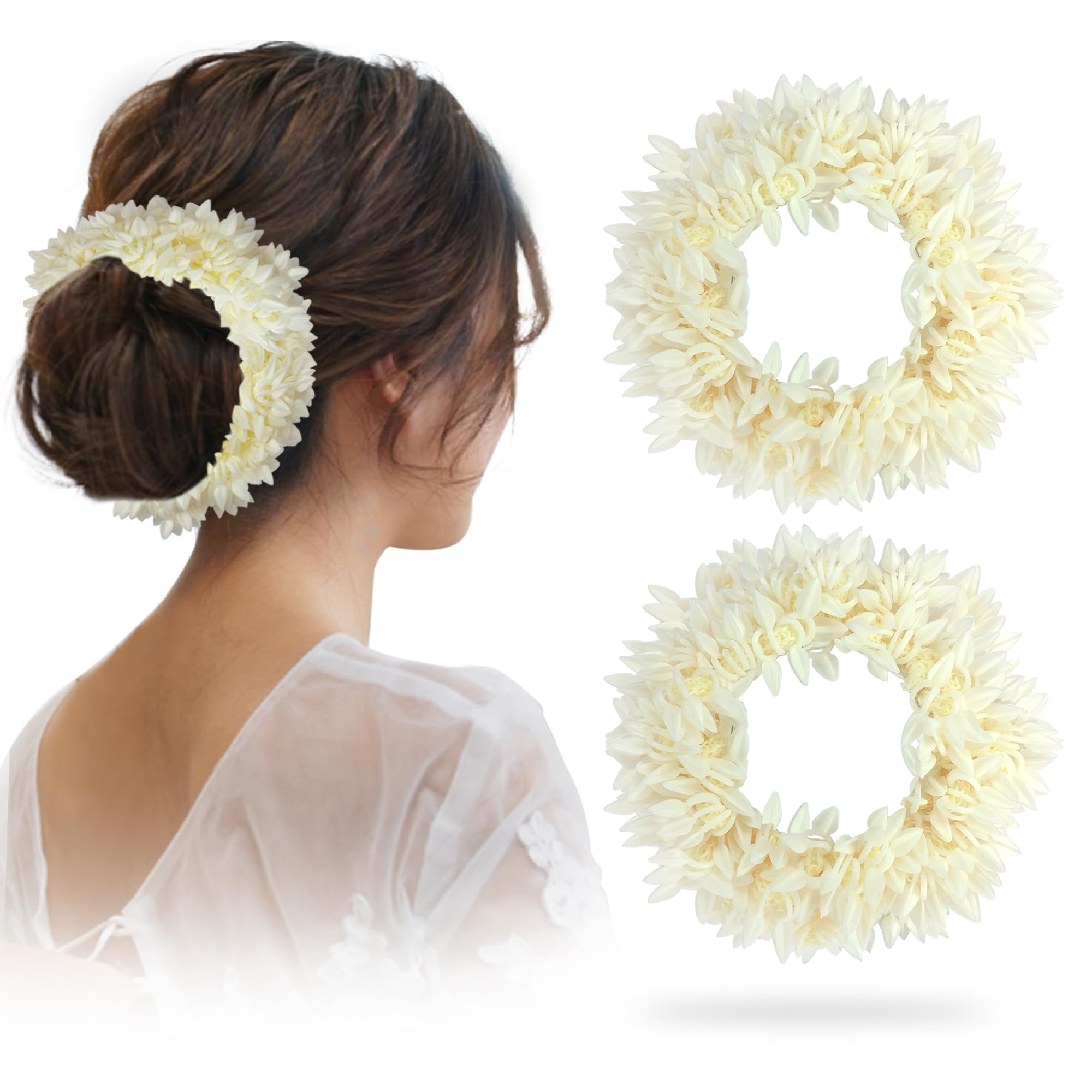 Elegant 2-Piece Scented Mogra Gajra Hair Bun Accessories for Women - Stylish Artificial Flower Hair Jewelry for Weddings & Special Occasions - Perfect for Bridal Hairstyles, Festivals & Boho Fashion Looks