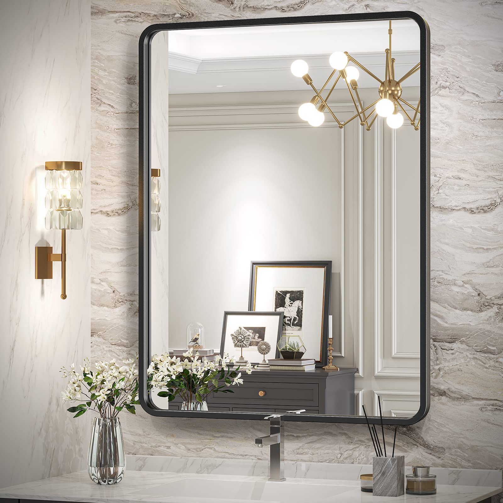 Brightify 22 x 30 Inch Black Metal Framed Rectangle Bathroom Mirror - Wall Mounted Vanity Mirror with Horizontal/Vertical Hanging Options - Perfect for Bathroom, Bedroom, and Dressing Room Décor