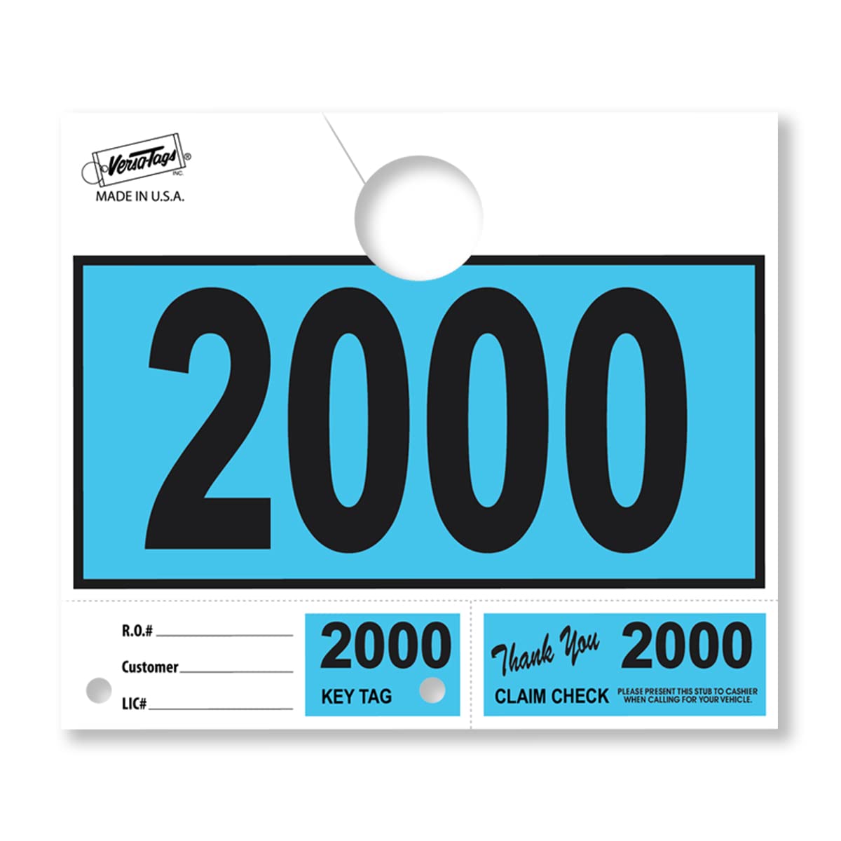Versa-Tags 1000 Blue Car Dealer Service Hang Tags with 3-Part Key Ring (2000-2999) - Durable Dispatch Number Tags for Auto Repair Shops & Mechanics | Perfect for Vehicle Service Tracking & Key Organization