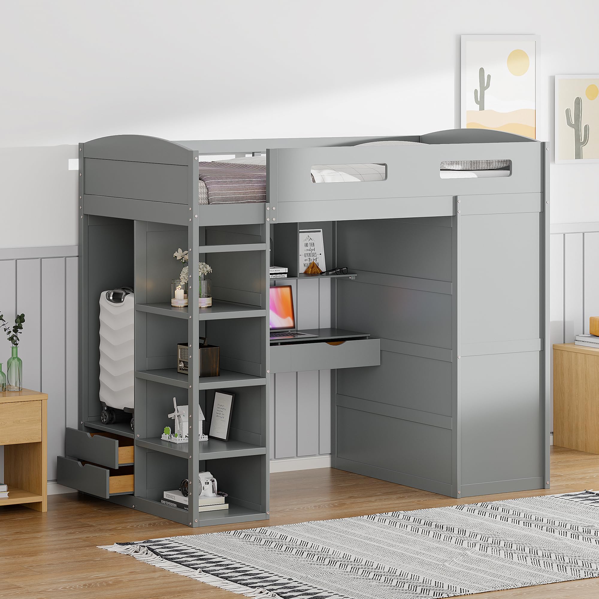 Twin Loft Bed with Desk & Wardrobe - Wooden Kids Bed with Storage for Small Spaces