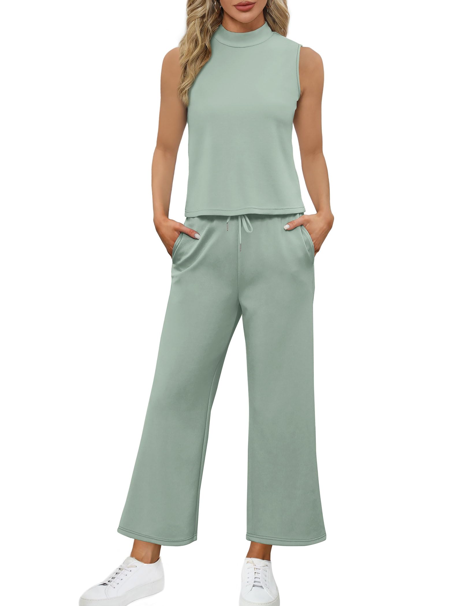 Women's Summer Two Piece Sets - Mock Neck Tops & Wide Leg Crop Pants Lounge Outfits | Casual Vacation Travel Clothes | Perfect for Beach Getaways, Weekend Brunch & Relaxing at Home