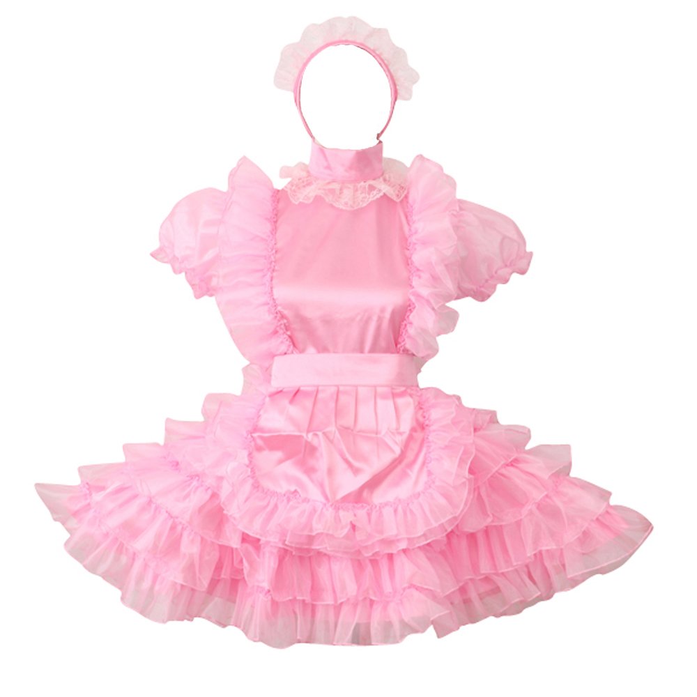 Sexy Pink Satin French Maid Costume with Lockable Design - Women's Crossdress Lingerie Dress for Cosplay, Role Play & Halloween Parties