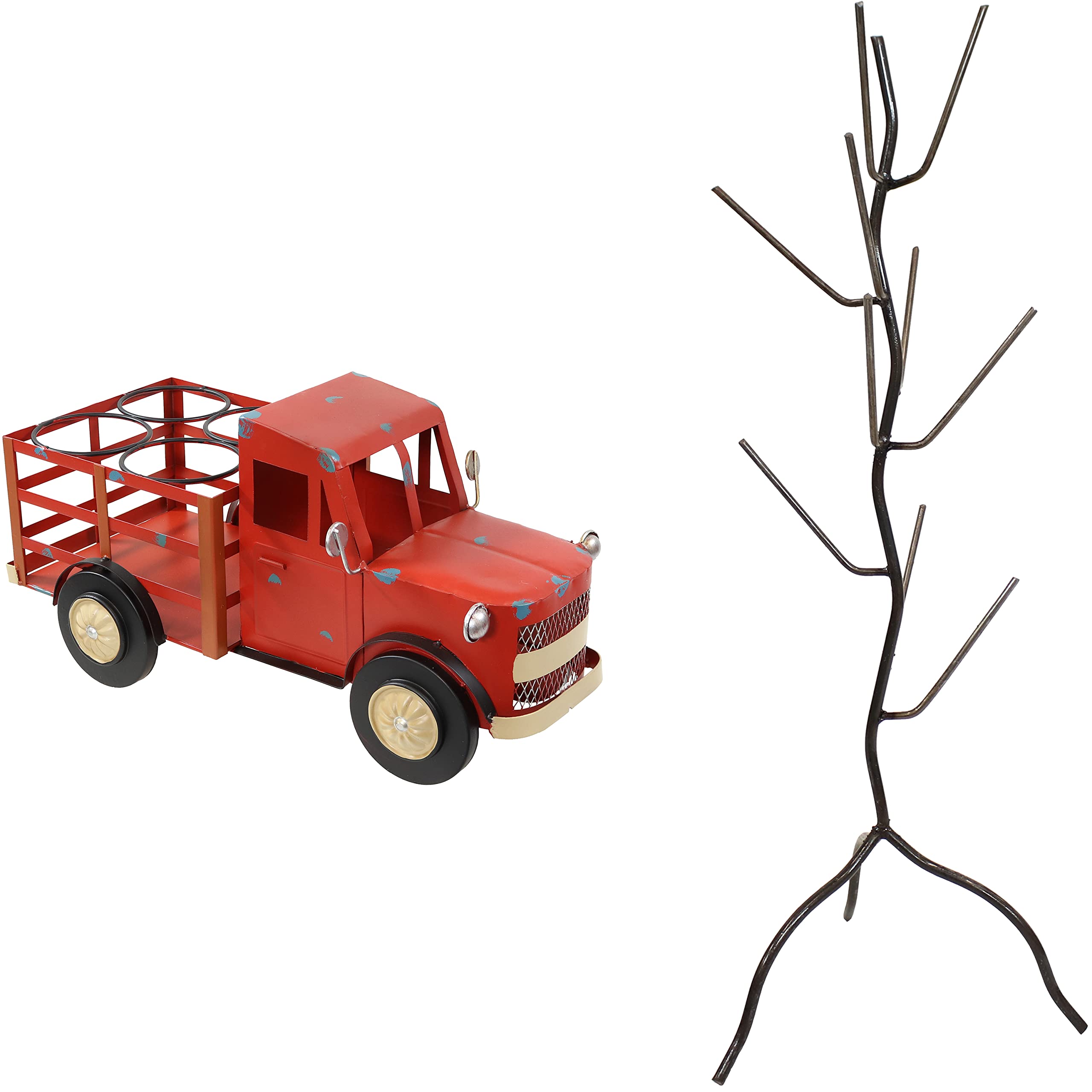 40-Inch Metal Wine Bottle Tree Display Stand with 4-Bottle Rustic Red Truck Countertop Wine Rack - Perfect for Home Bar, Kitchen Decor & Wine Storage Organization