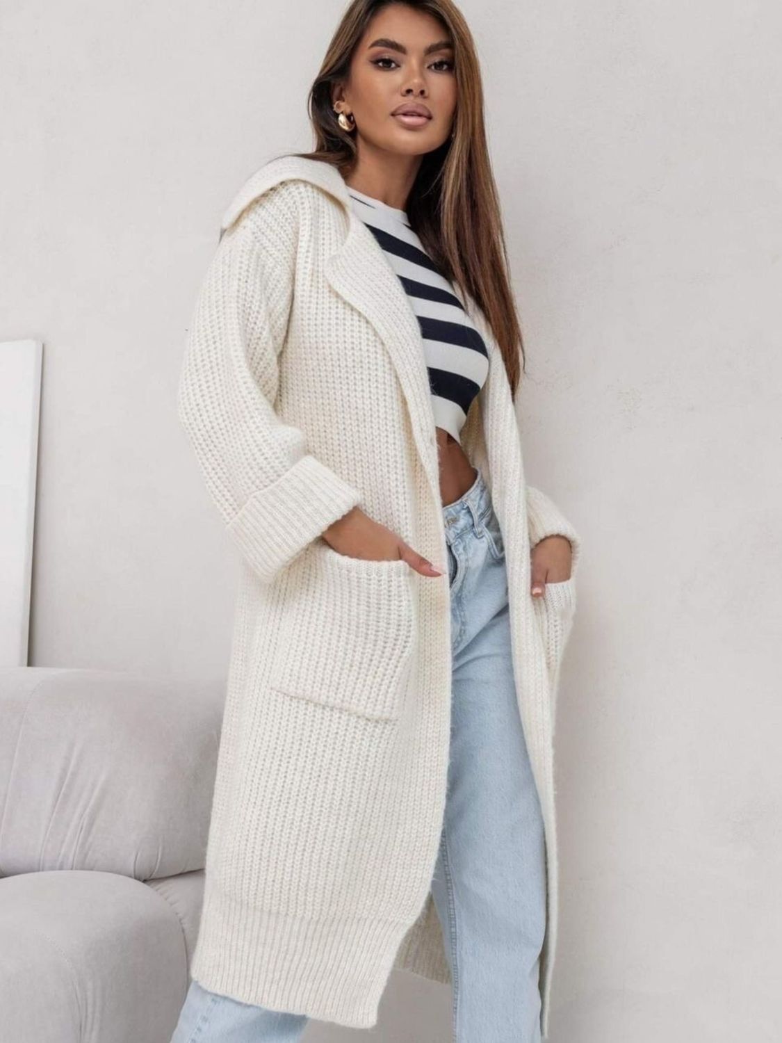 Women's Stylish Pocketed Collared Neck Drop Shoulder Cardigan Sweater - Perfect for Office Wear, Casual Outfits & Fall Layering