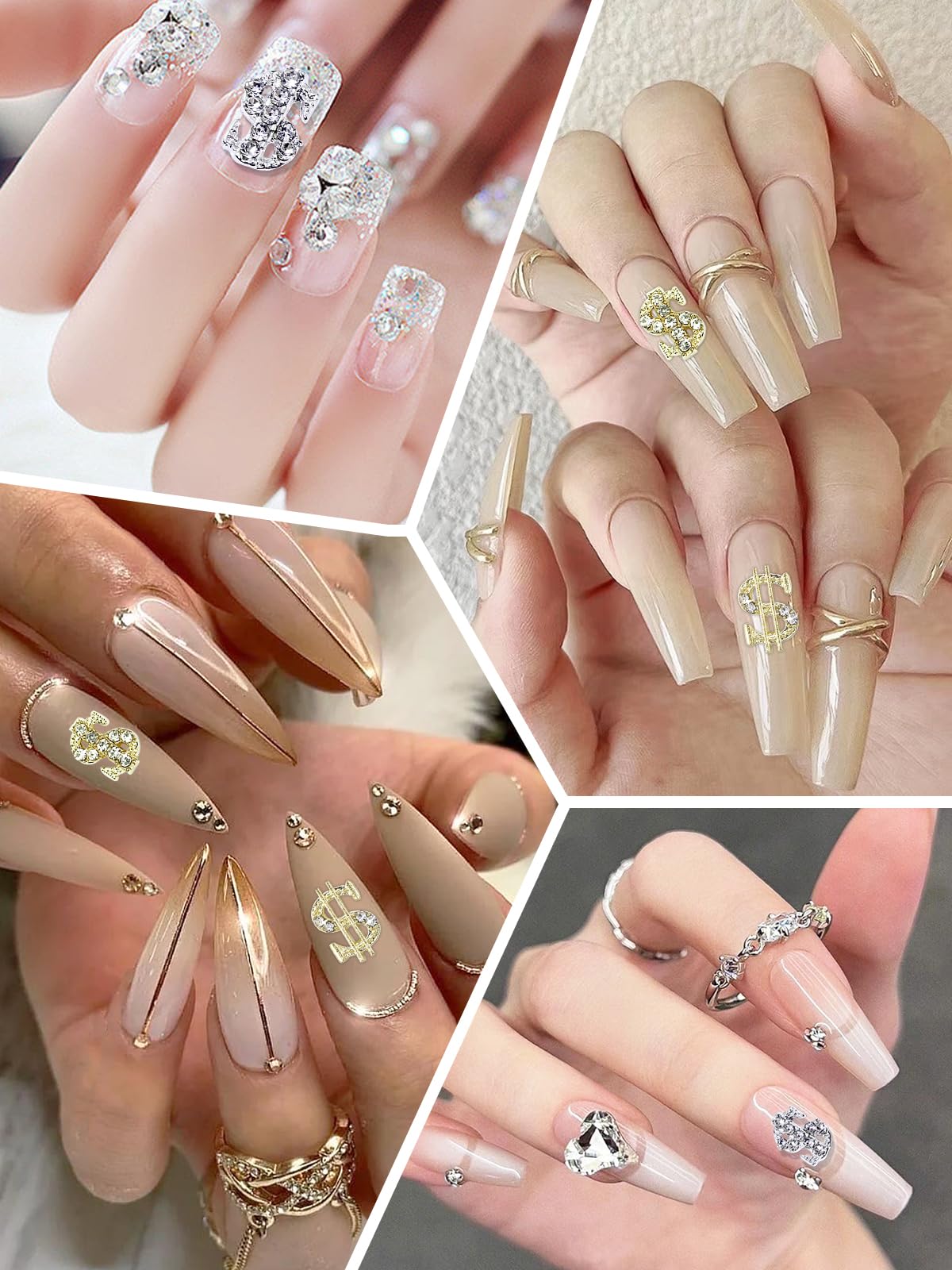 20Pcs 3D Silver & Gold Dollar Nail Charms - Shiny Money Sign Rhinestone Nail Art Decorations for Women & Girls | DIY Nail Jewelry & Craft Accessories | Perfect for Parties, Holidays & Special Occasions