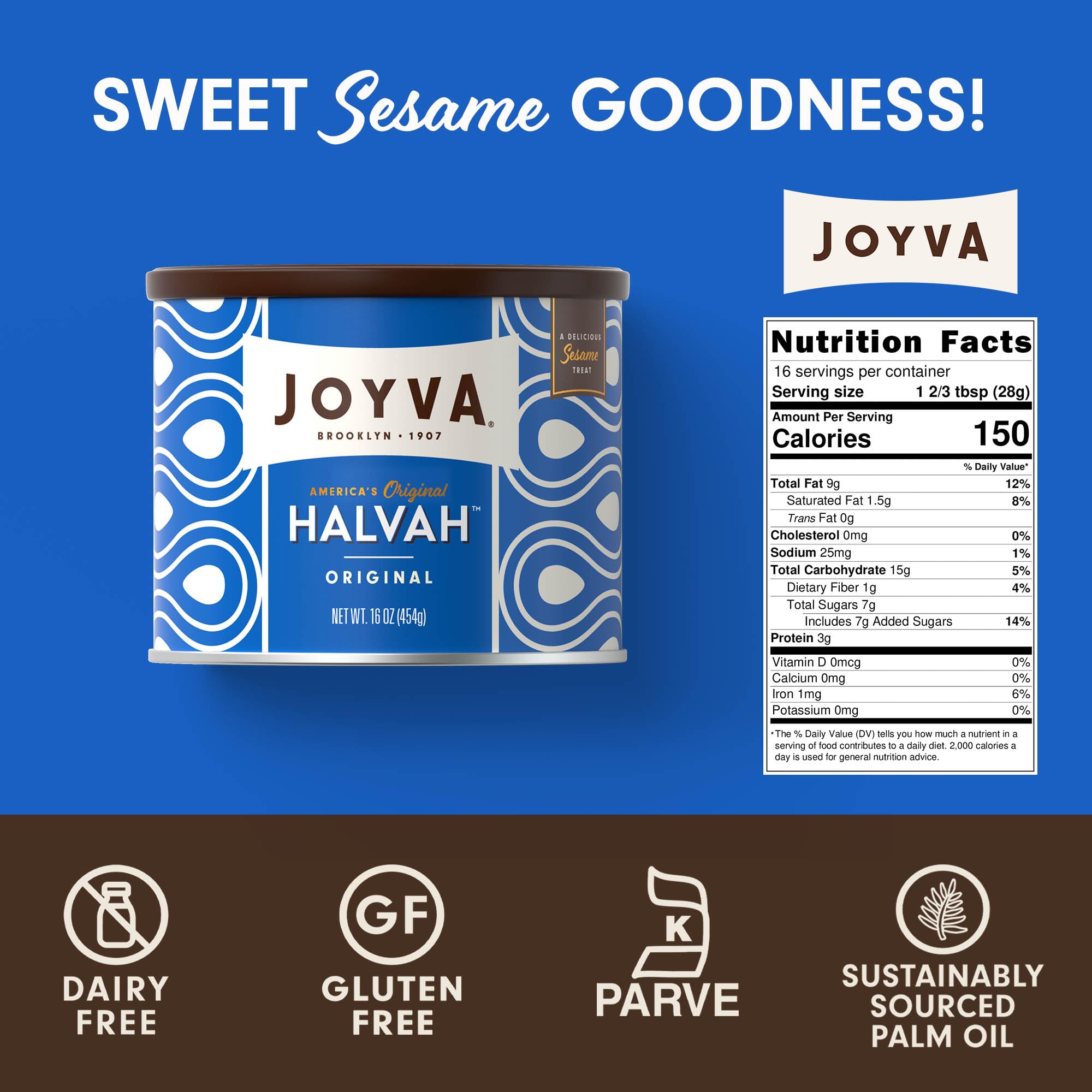 Joyva Halvah - Original Sesame Candy Bar, 16oz (Pack of 1) | Dairy Free, Gluten-Free & Kosher Parve Snack | Handcrafted in Brooklyn | Perfect for Vegan Desserts, Healthy Snacking & Gift Giving