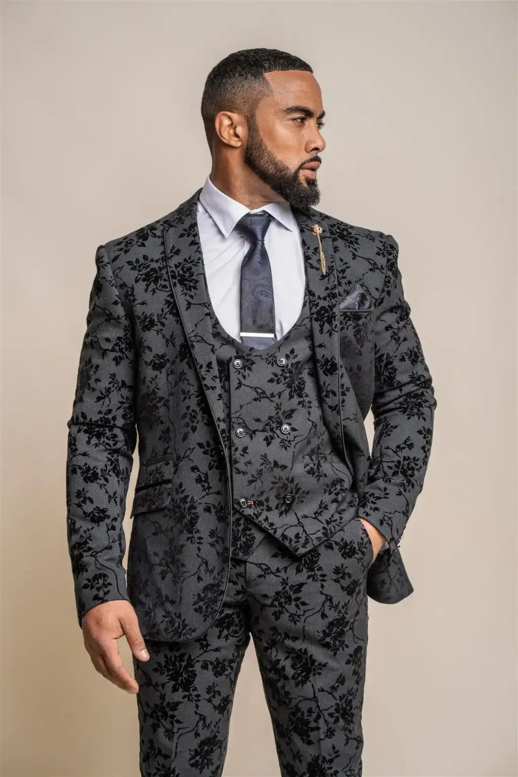 Cavani Georgi Floral 3-Piece Black Red Carpet Suit for Men - Elegant Formal Wear for Weddings, Prom & Special Occasions