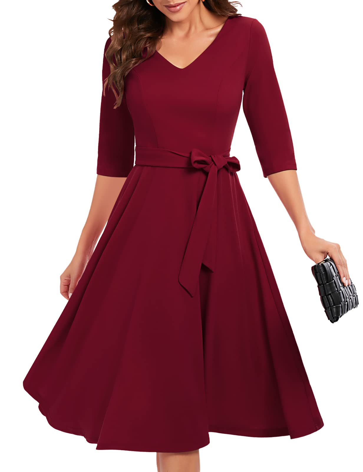 Bbonlinedress Women's Vintage Tea Dress - Elegant V-Neck 3/4 Sleeve Cocktail Midi Dress for Church, Prom & Casual Wear | Perfect for Garden Parties, Afternoon Tea & Special Occasions