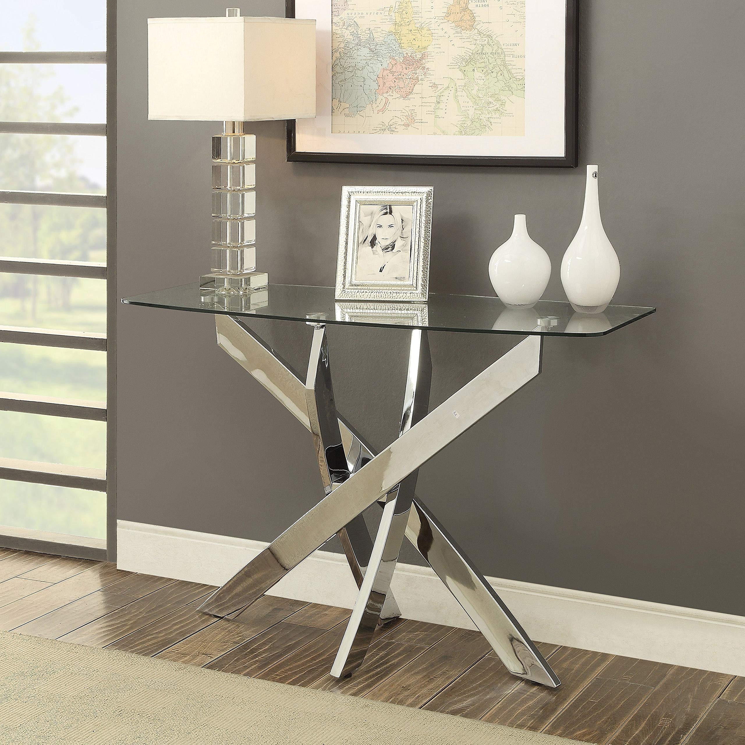 ZCYINGQ Modern Metal X-Cross Sofa Table - Silver Finish with Tempered Glass Top - Contemporary Transitional Design - Perfect for Living Room, Bedroom or Office Use