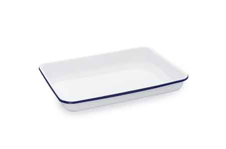 Crow Canyon Small Rectangular Enamelware Tray or Baking Pan with Blue Rim - Perfect for Serving, Baking & Home Decor