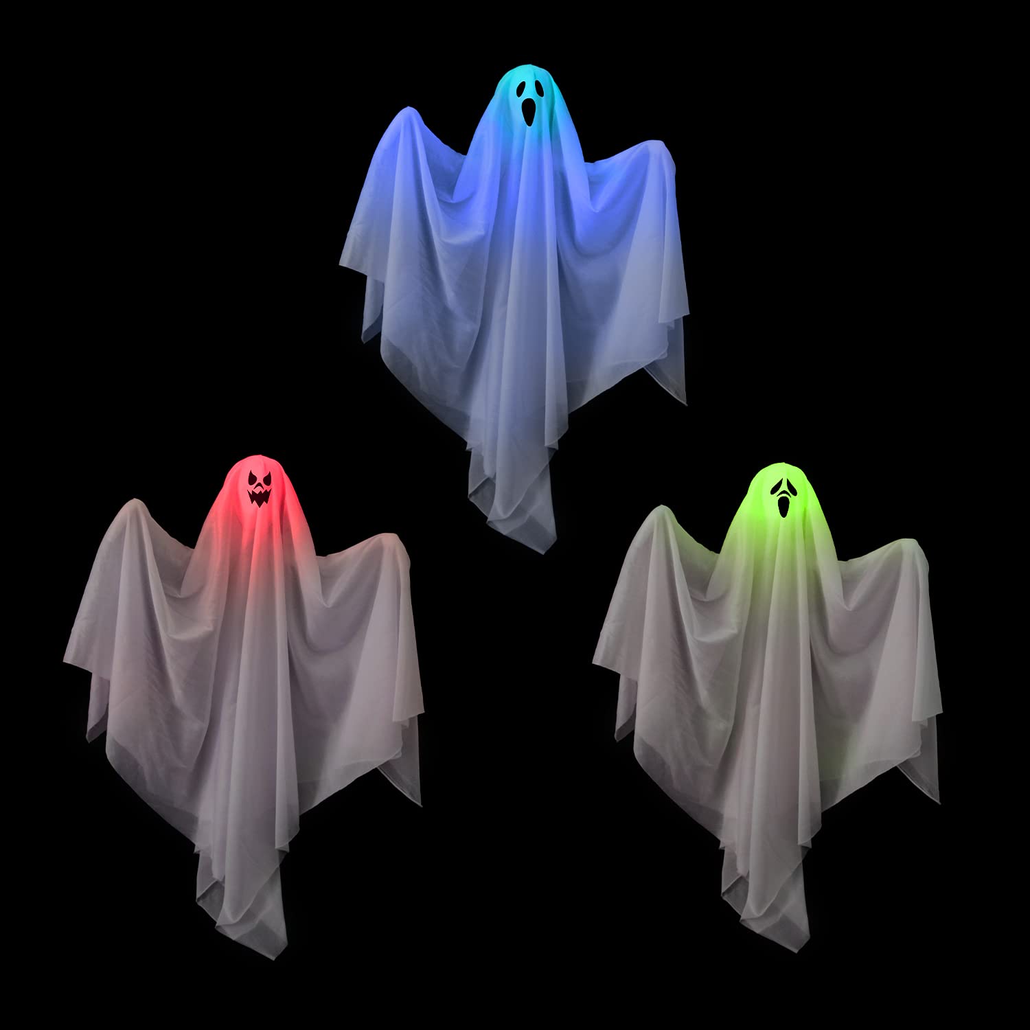 3PCS Halloween Lighted Ghost Decorations - Scary Hanging Ghost Ornaments for Indoor & Outdoor, Halloween Tree & Yard Decor - Perfect for Home, Party & Haunted House Decorating