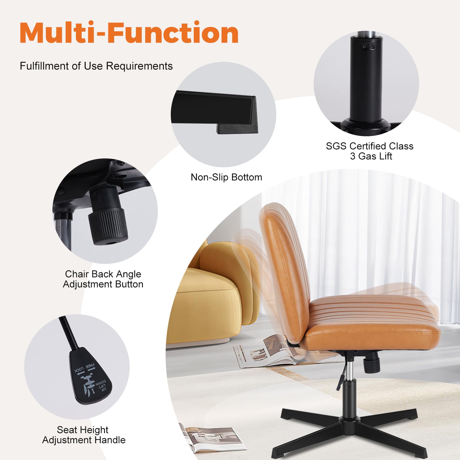 Sweetcrispy Cross Legged Office Chair - Armless Wide Desk Chair Without Wheels, Adjustable Swivel Home & Vanity Chair for Small Spaces | Perfect for Home Office, Study Room, Dormitory & Makeup Station