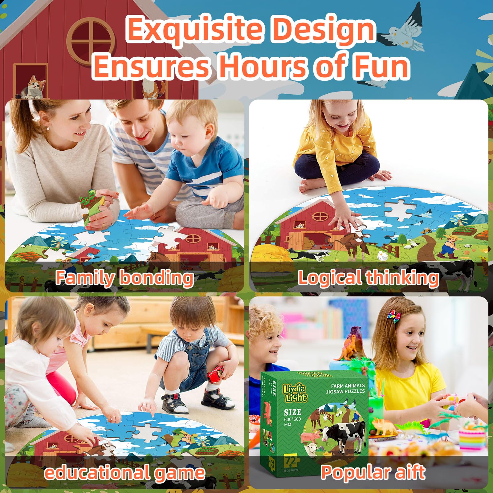 72-Piece Farm Animals Round Jigsaw Puzzle for Kids Ages 3-8 | Large Floor Educational Toy for Toddlers & Preschool Learning | Perfect Birthday Gift for Boys & Girls | Fun Playtime Activity for Home, Classroom or Party