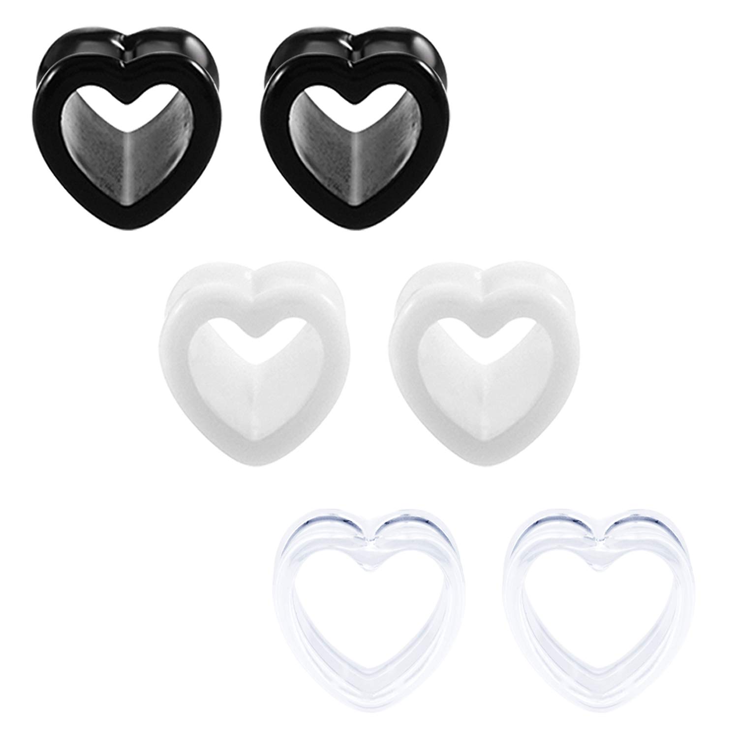 JFORYOU 6 Pair Acrylic Heart Shaped Ear Tunnels & Gauges - Ear Expander Stretcher for Women & Men - Perfect for Ear Piercing Stretching and Alternative Fashion Style