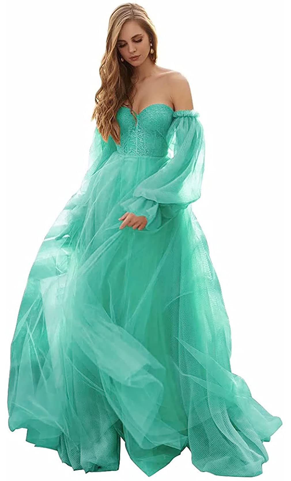 Elegant Women's Puffy Sleeve Prom Dress - Long Tulle Ball Gown with Off-Shoulder Design for Formal Parties, Weddings & Special Occasions | Princess Style Evening Gown for Homecoming, Quinceañera & Prom Night