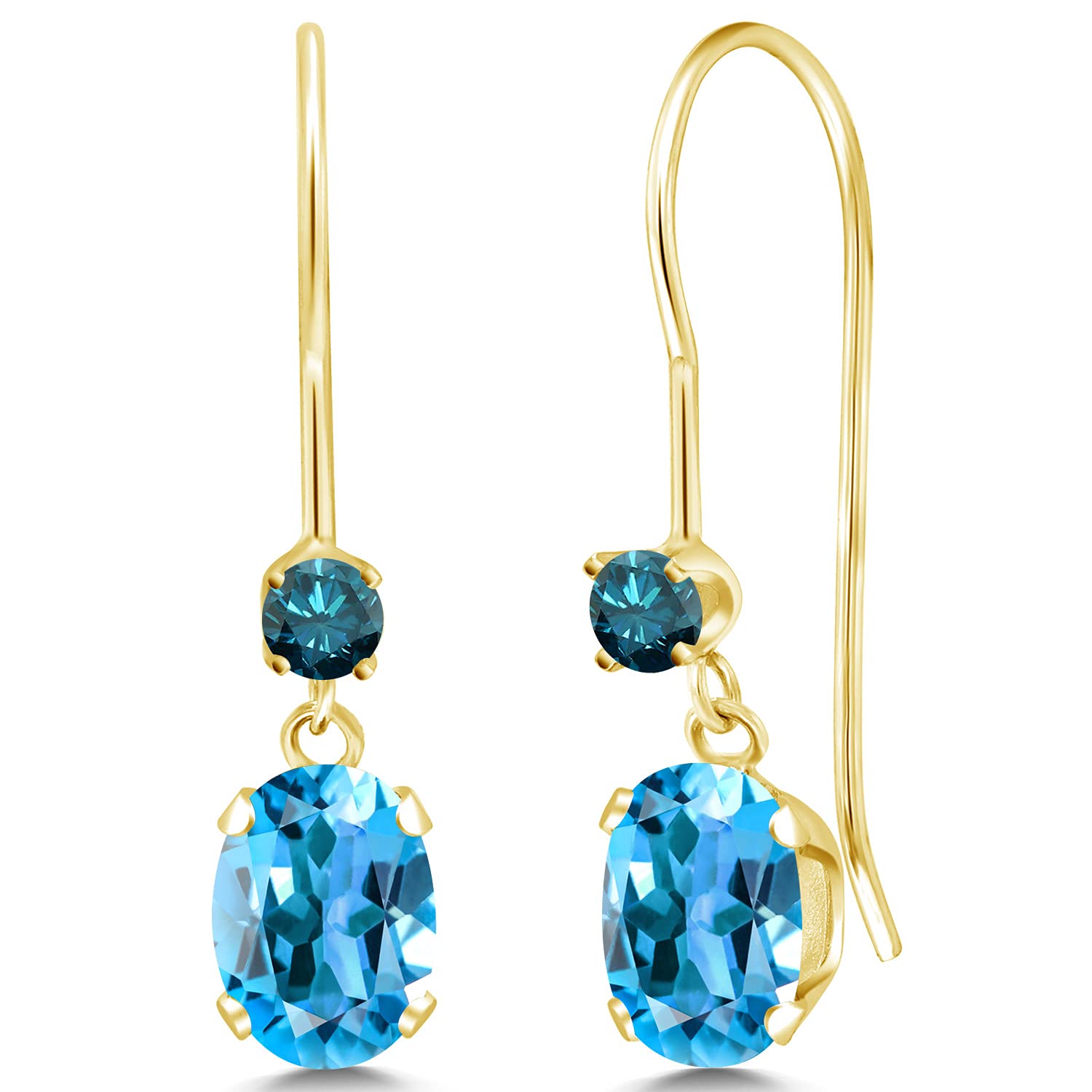 1.23 Ct Oval Swiss Blue Topaz & Diamond 14K Yellow Gold Dangle Earrings for Women - Elegant Gemstone Jewelry Gift for Birthday, Anniversary & Special Occasions