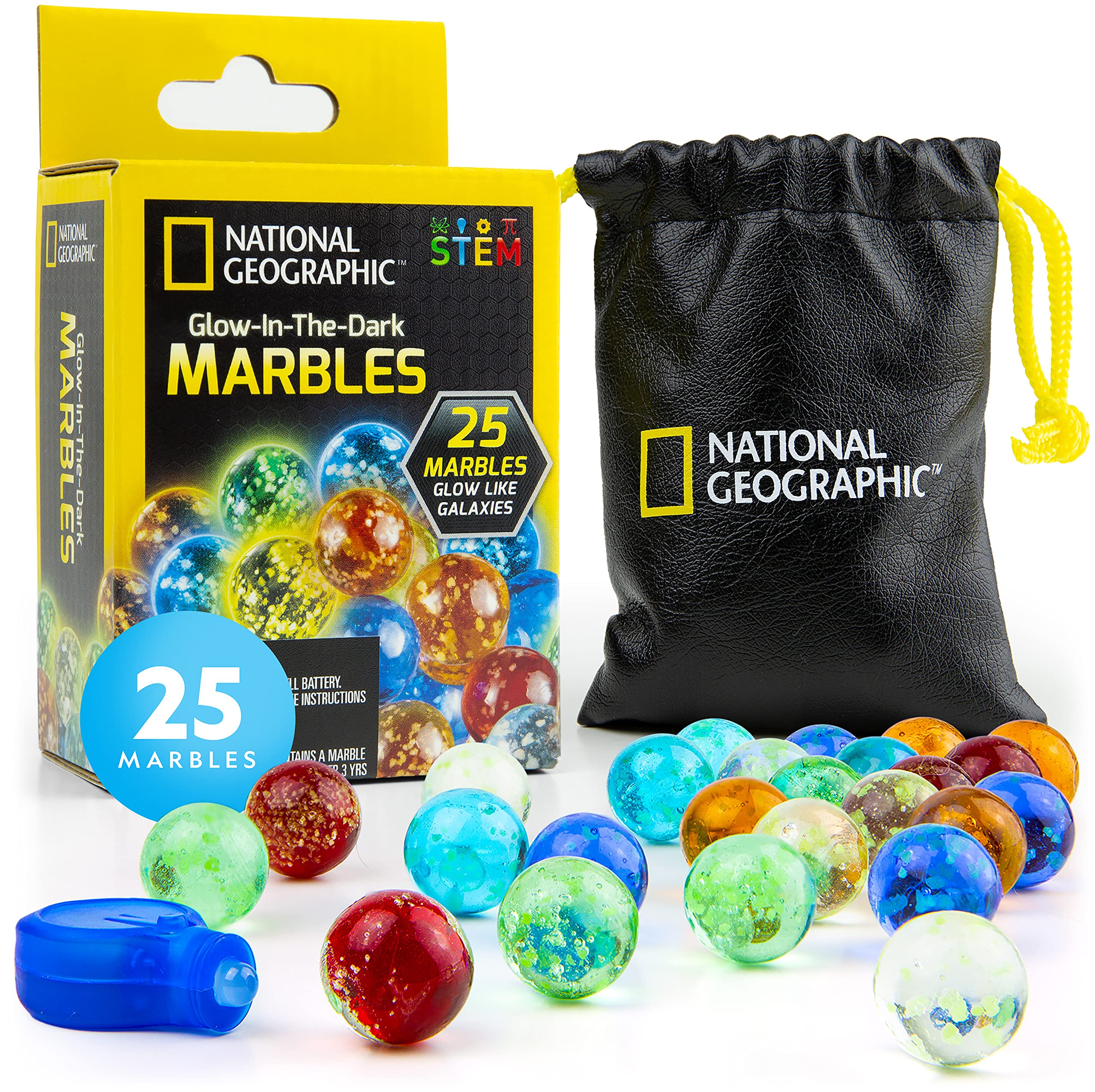 NATIONAL GEOGRAPHIC Glow in The Dark Marbles Refill Pack - 25 Glowing Glass Marbles with Storage Pouch & UV Light | STEM Educational Toys for Kids | Perfect for Marble Runs, Building Sets & Science Experiments | Fun for Night Play & Learning Activities