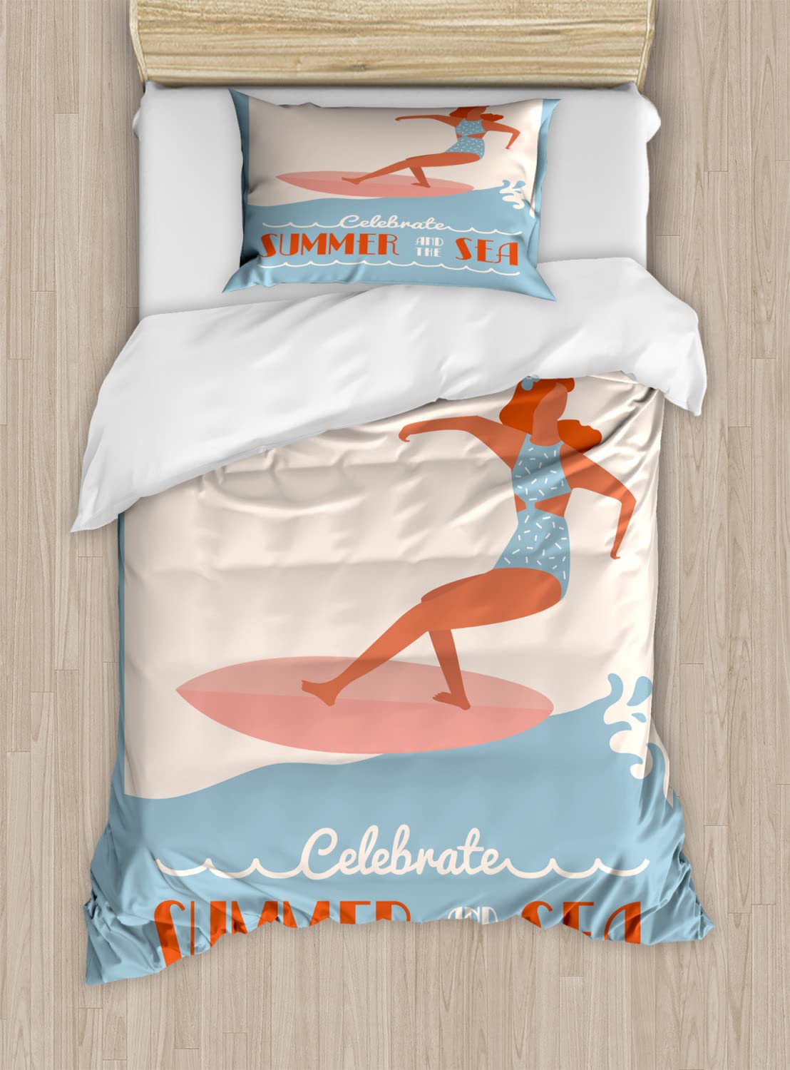 Ambesonne Vintage Beach Saying Duvet Cover Set - Summer & Sea Themed 2-Piece King Size Bedding with 4 Pillowcases in Burnt Sienna & Pale Blue | Coastal Decor for Master Bedroom, Guest Room & Vacation Homes