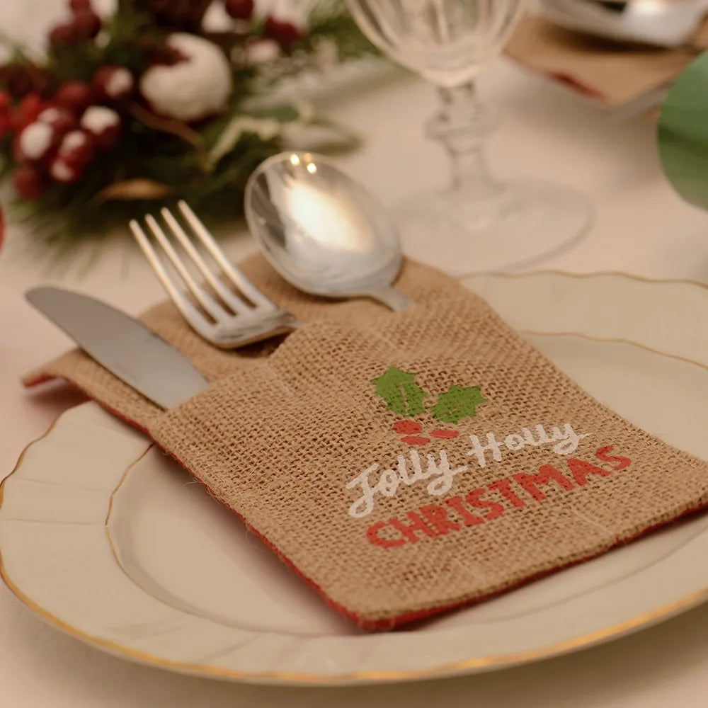 4-Pack Christmas Themed Jute Cutlery Holder Set - Knife & Utensil Organizer for Holiday Dining & Kitchen Decor