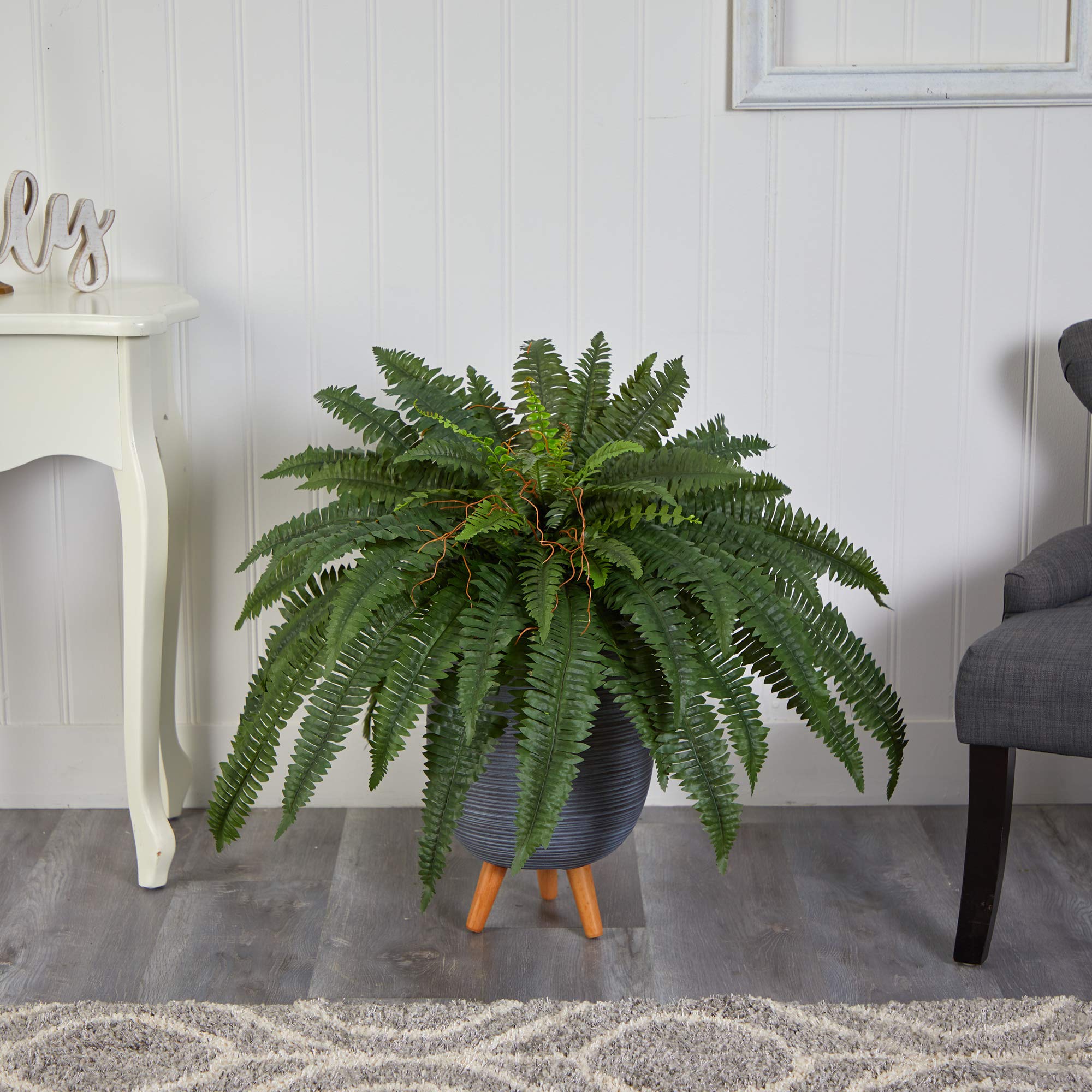 Nearly Natural 2.5ft Boston Fern Artificial Plant - Realistic Fake Hanging Plant in Gray Planter with Stand for Home Office Decor, Indoor Greenery, and Porch Display