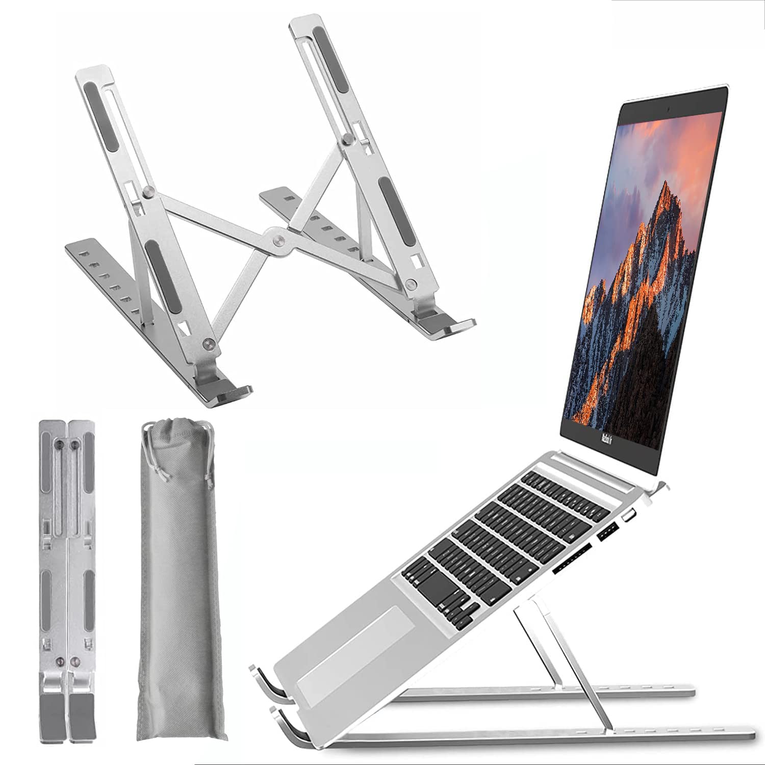 Ergonomic Aluminum Laptop Stand - Adjustable Portable Laptop Riser Holder for MacBook, Dell, Lenovo & 10-15.6 Inch Laptops (Silver) | Perfect for Home Office, Coffee Shops & Travel Workspaces