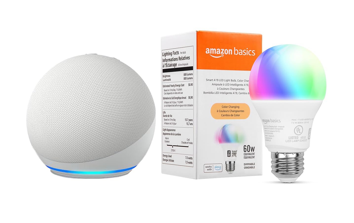 Echo Dot (4th Gen) with Amazon Basics Smart Color Bulb - Smart Speaker & LED Bulb Combo for Home Automation, Music & Lighting Control