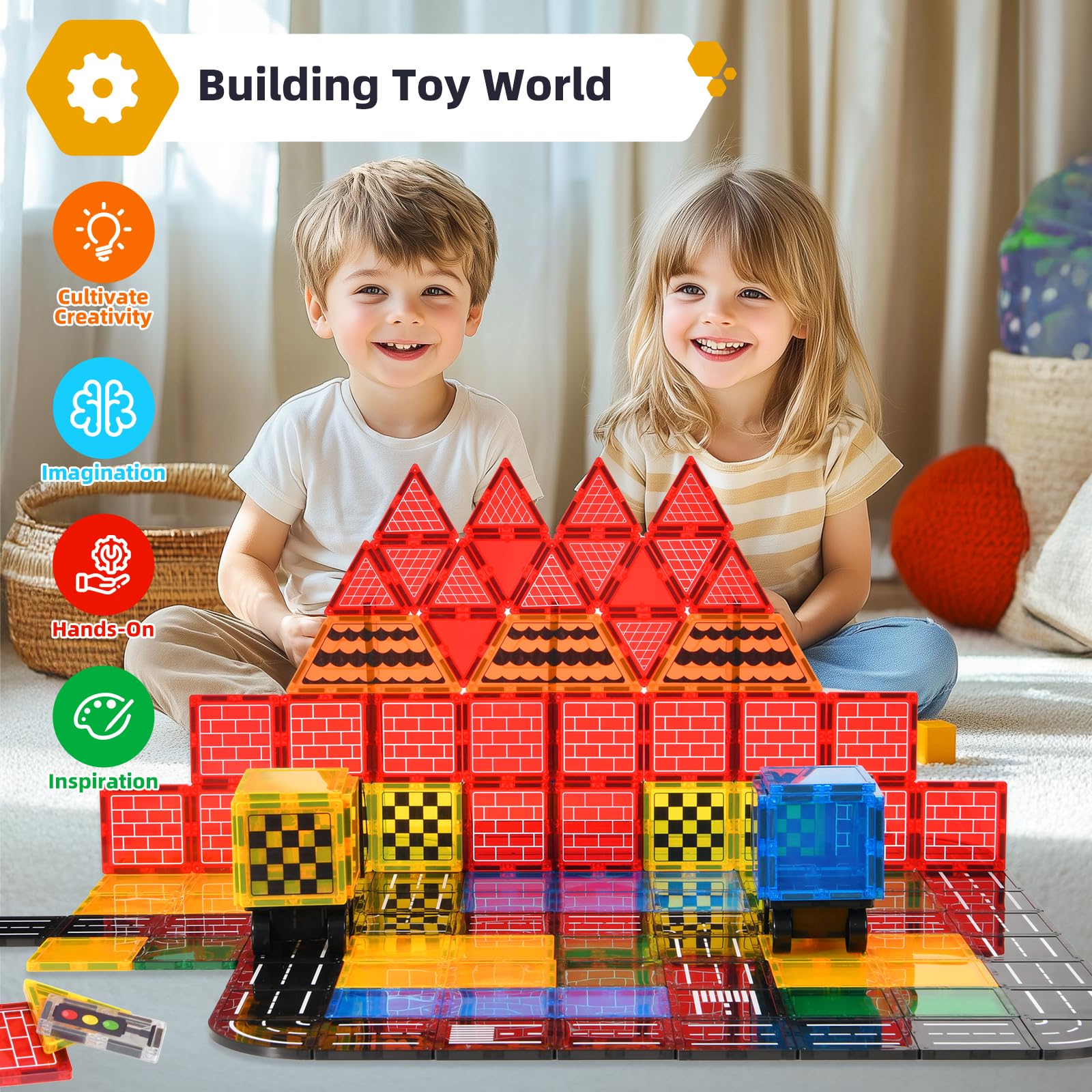 Magnetic Tiles Road Set - City Construction Building Toys for Kids Ages 3+, Magnetic Blocks with Extendable Crane & Car, STEM Learning Toys for Boys & Girls - Perfect for Creative Play, Birthday Gifts & Classroom Activities