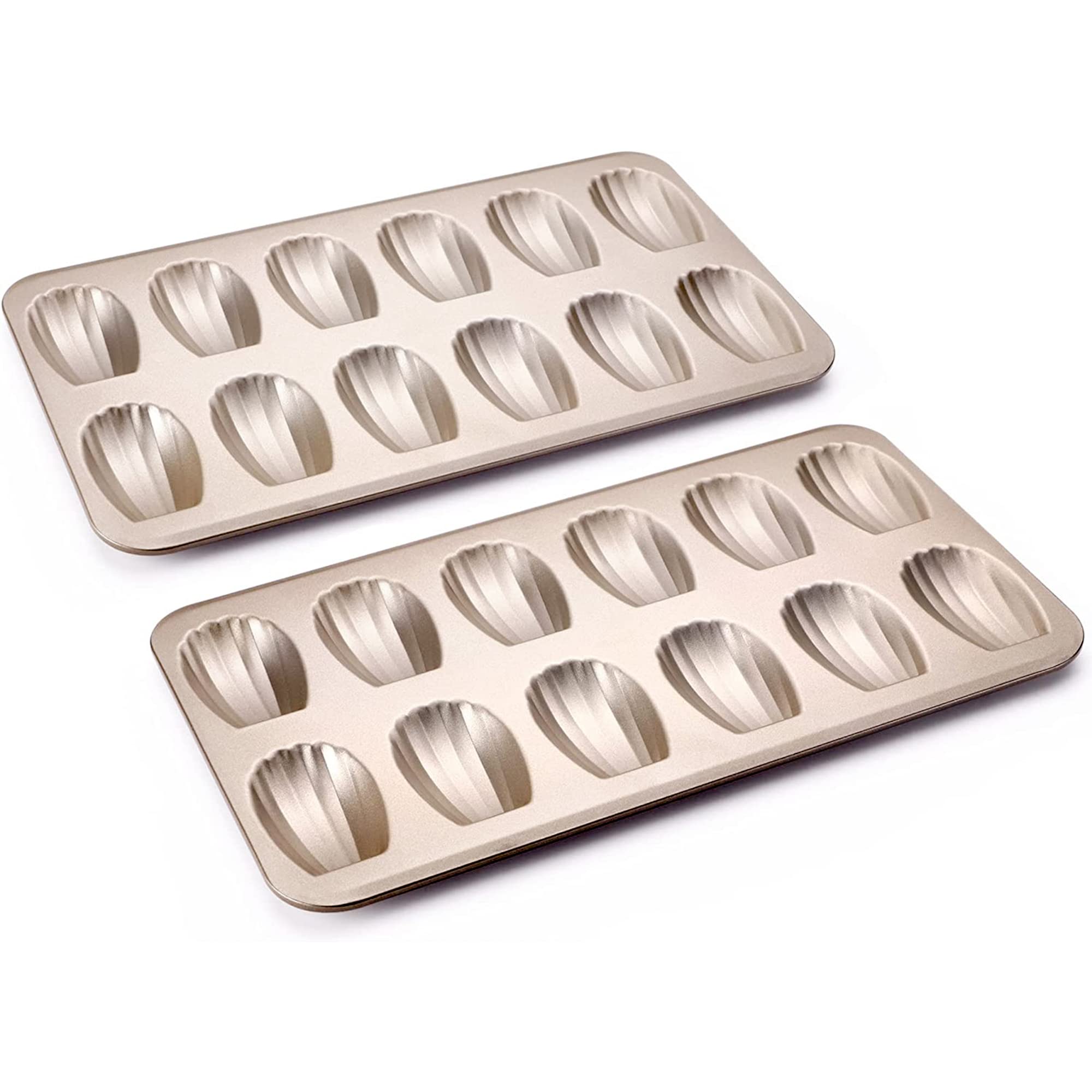 Nonstick Madeleine Pan 2-Pack - 12-Cavity Heavy Duty Madeleine Cookie Baking Tray for Oven - Warp Resistant Shell-Shaped Mold - Champagne Gold - Perfect for French Pastries, Tea Time & Holiday Baking