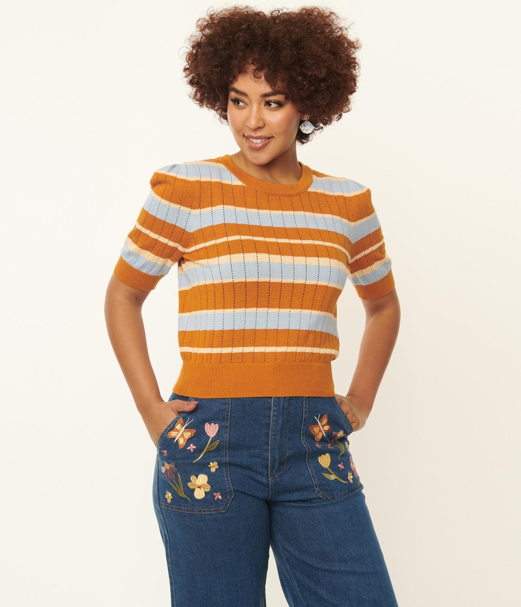 Light Blue & Saffron Striped Knit Top for Women | Casual Chic T-Shirt | Perfect for Spring Outfits & Weekend Wear