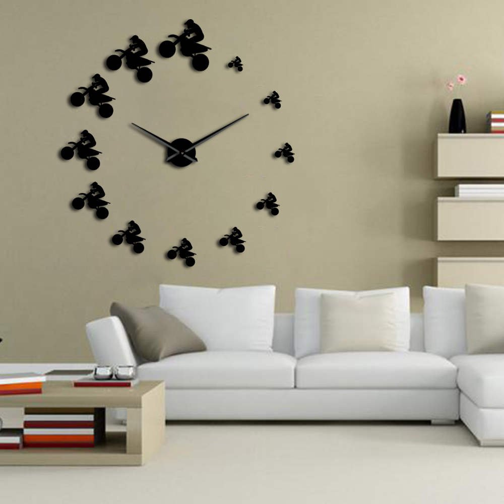 DIY Giant Frameless Wall Clock for Dirt Bike & Motorcycle Lovers - Extreme Sports Themed Large Wall Decor for Man Cave, Garage, or Bedroom (Black)