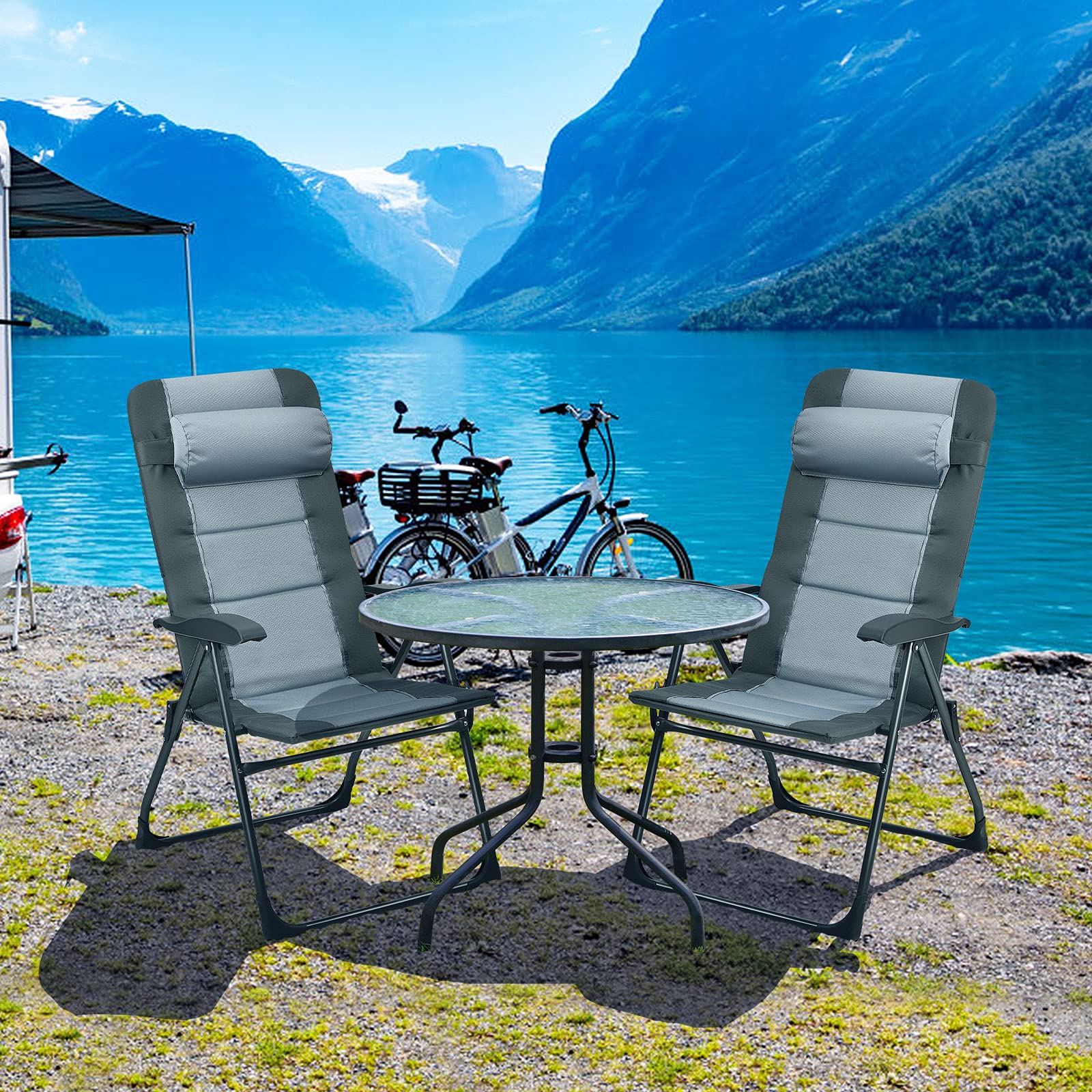 Giantex 2-Pack Patio Dining Chairs with Footstools - Foldable Recliner Chairs with 7-Position Adjustable Backrest & Headrest, Includes Mesh Storage Bag - Portable Outdoor Lounge Chairs for Pool, Backyard, Beach, Camping (Grey)