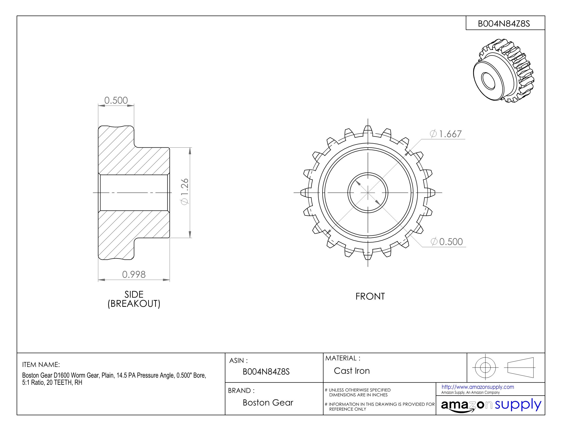 D1600 Worm Gear - 14.5° Pressure Angle, 0.500