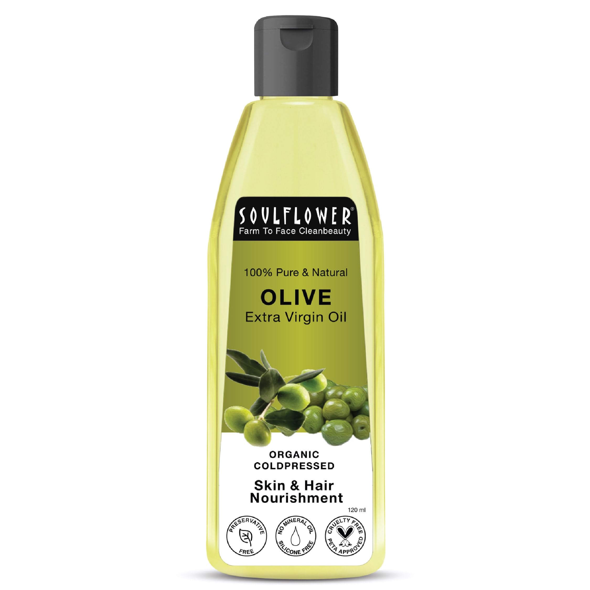 Soulflower 100% Pure Cold-Pressed Olive Oil for Hair Growth & Repair - Anti Hair Fall, Strengthens & Moisturizes Hair, Reduces Fine Lines & Wrinkles - Natural Makeup Primer (120ml) - Perfect for Daily Hair Care & Skin Hydration