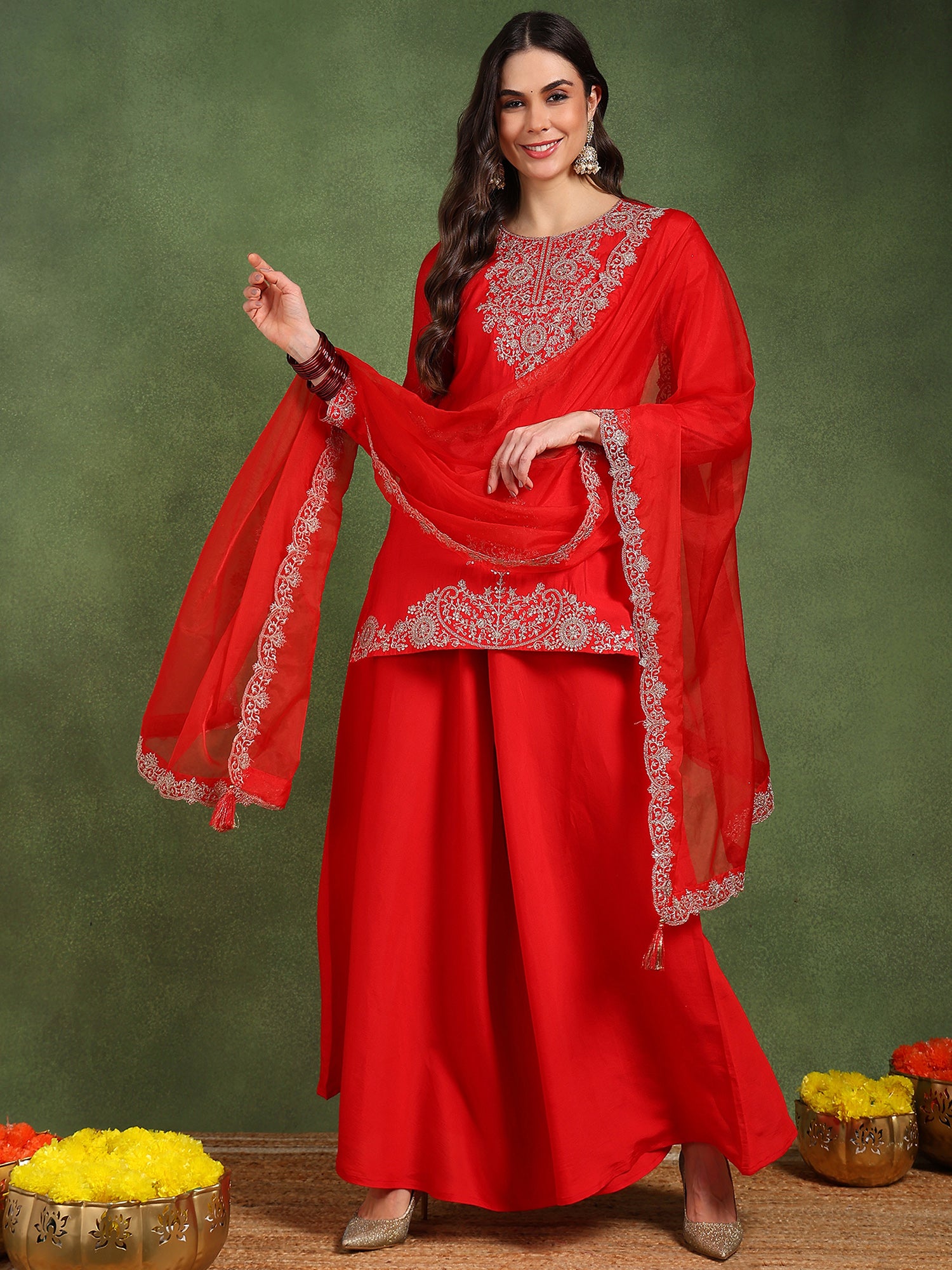 Elegant Red Silk Blend Embroidered Kurta Set for Women | Traditional Indian Ethnic Wear | Perfect for Festivals, Weddings & Special Occasions