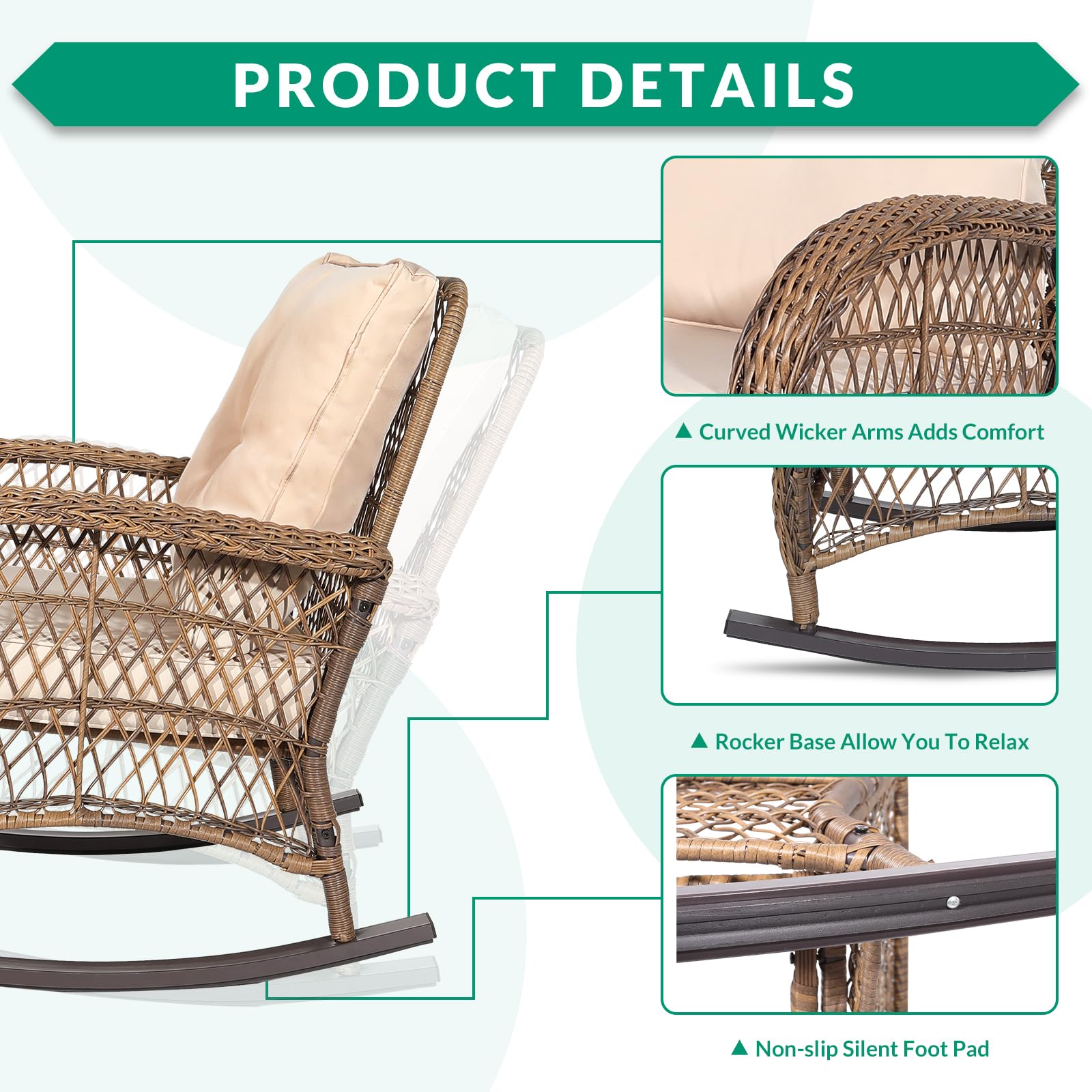 VIVIJASON All-Weather Outdoor Wicker Rocking Chair with Cushions - Patio Rattan Rocker Chair with Durable Steel Frame - Comfortable Garden Backyard Porch Furniture (Beige) - Perfect for Relaxing, Reading & Enjoying Nature