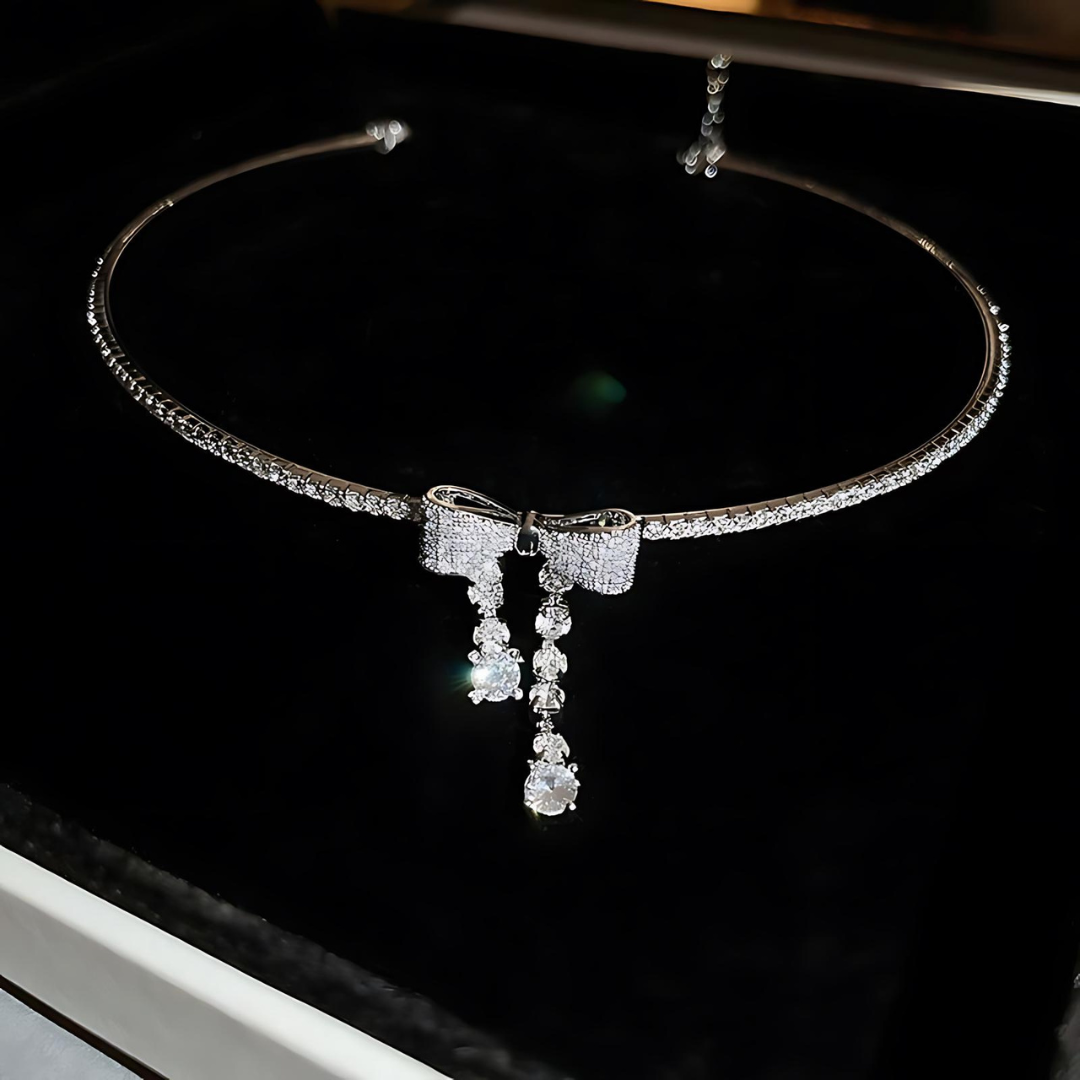 Elegant Feminine Ribbon Bowknot Tassel Choker Necklace for Women | HN2968 | Perfect for Parties, Weddings, and Special Occasions