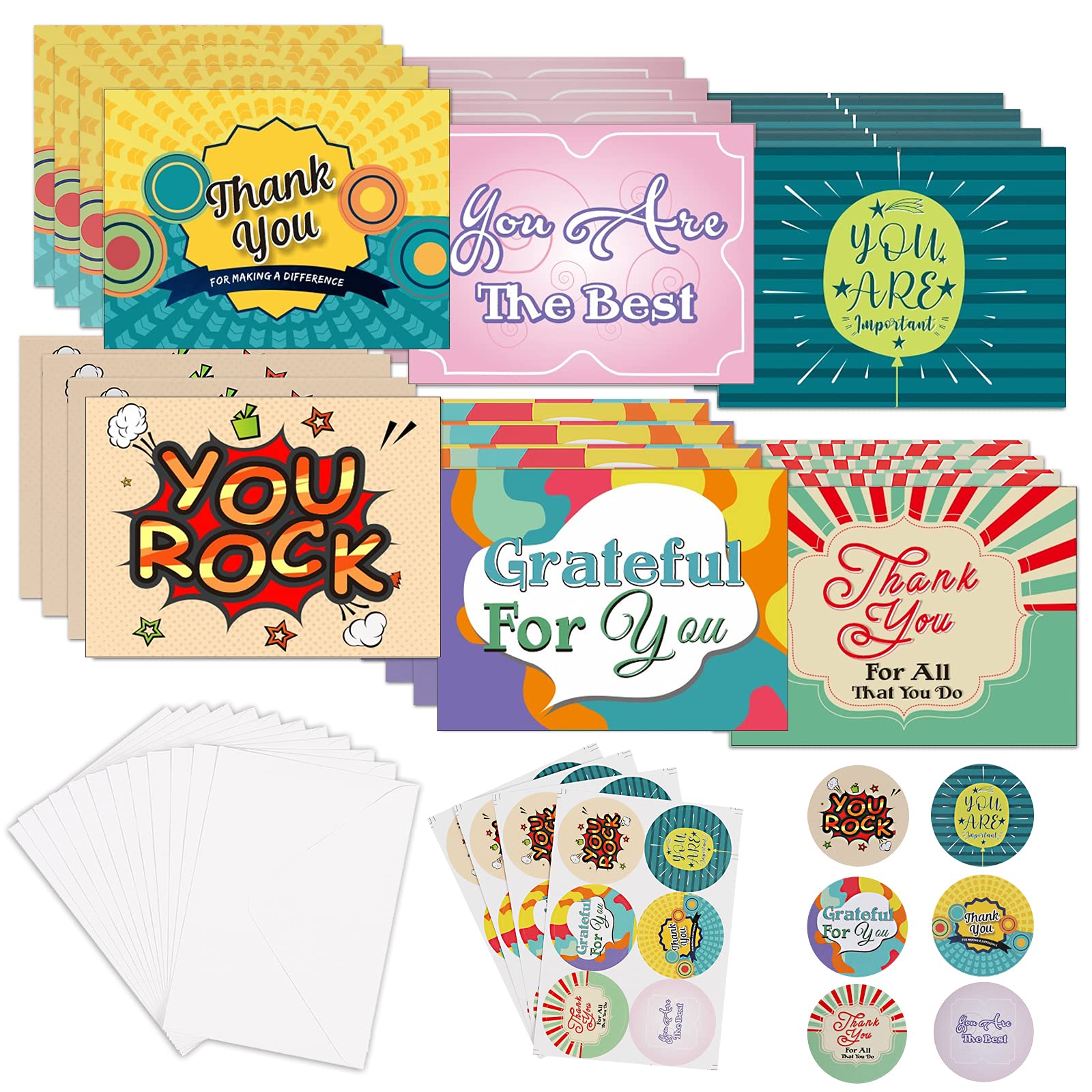 24 Encouragement Thank You Notecards - You Rock Appreciation Cards with Envelopes & Stickers | Perfect for Teachers, Students, Employees & Team Members | Great for Classroom Rewards, Staff Recognition & Thoughtful Gifts