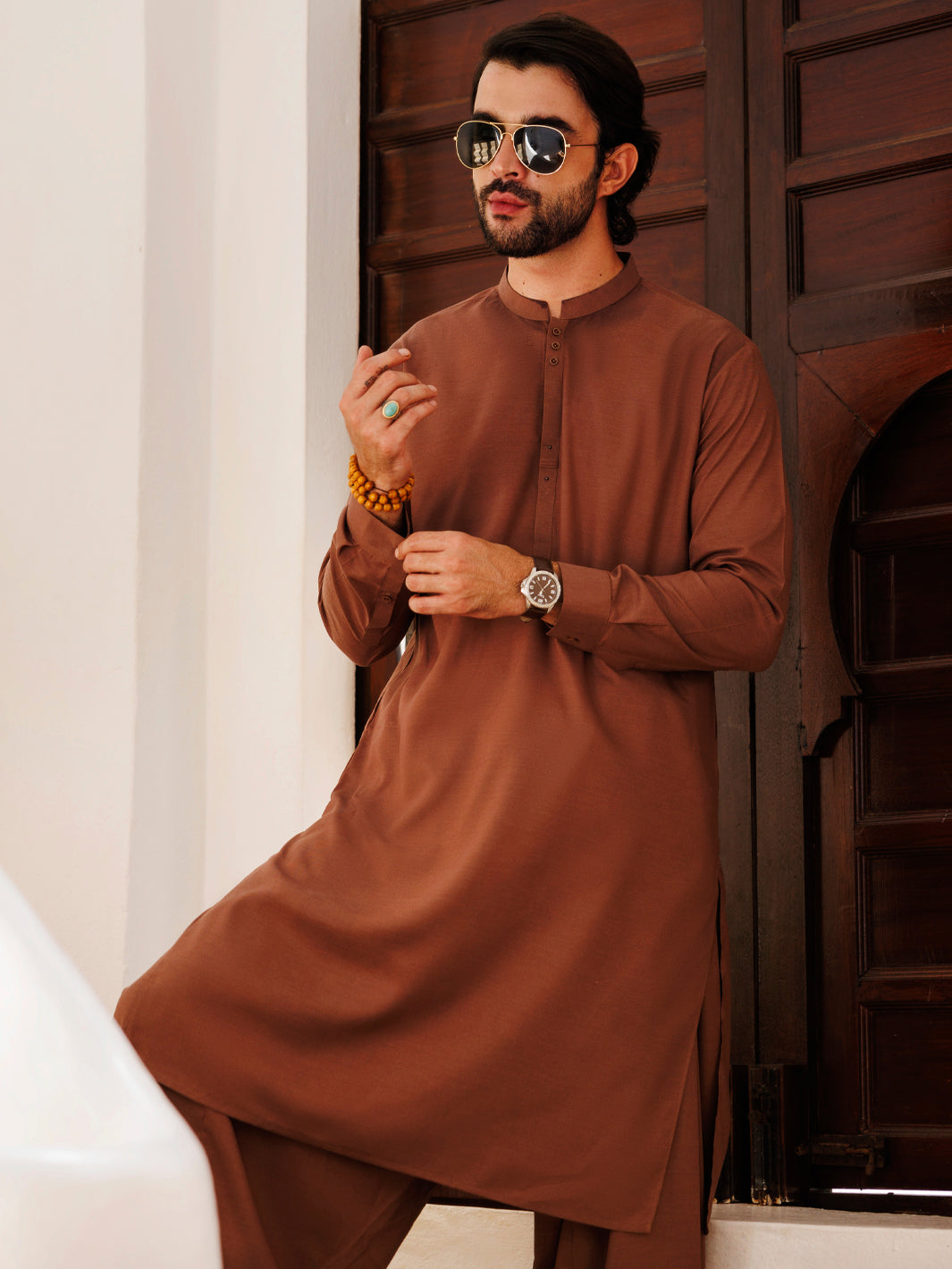 Elegant Blended Brown Shalwar Kameez by J. Junaid Jamshed - Traditional Pakistani Outfit for Weddings, Festivals & Special Occasions