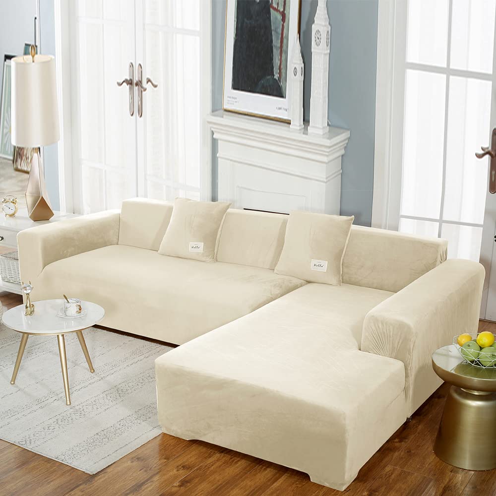 Velvet L-Shaped Sectional Sofa Slipcover - Stretchable Furniture Protector for 1, 2, 3 Seater Couches & Chaise Lounges - Pet & Dog Proof Sofa Cover (Beige, L-Shape: 2+3 Seater) - Perfect for Living Room, Family Room & Home Theater Protection