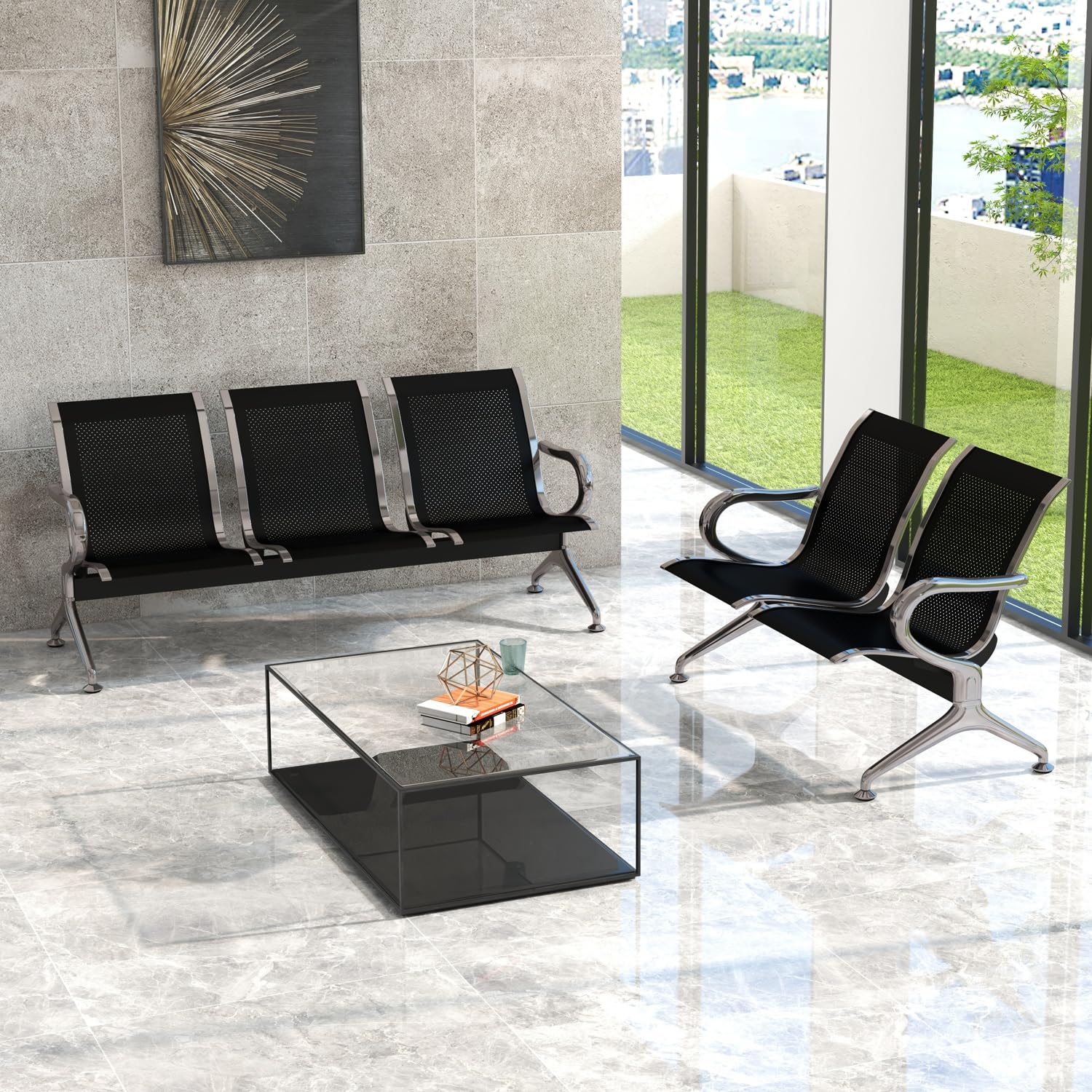 Kinbor Office Guest Chairs - 5-Piece Set Black Waiting Room Reception Chairs for Office, Lobby, Airport, Bank, Clinic & Salon | Durable Commercial Seating Furniture for Waiting Areas & Reception Spaces