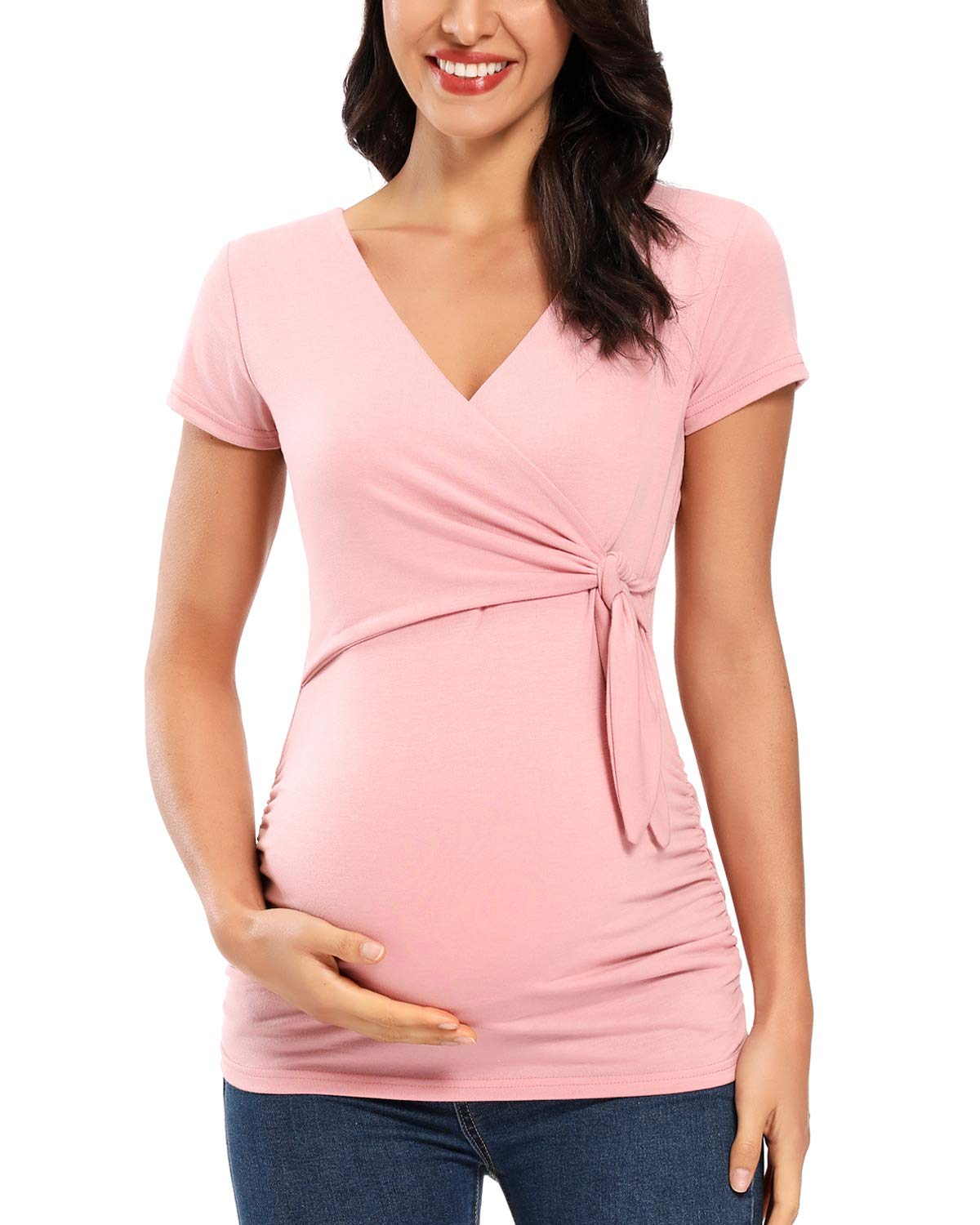 Glampunch Women's Maternity Shirts - Soft Cotton Short & Long Sleeve Tie Front Wrap Tops for Pregnancy | Comfortable Nursing & Everyday Wear