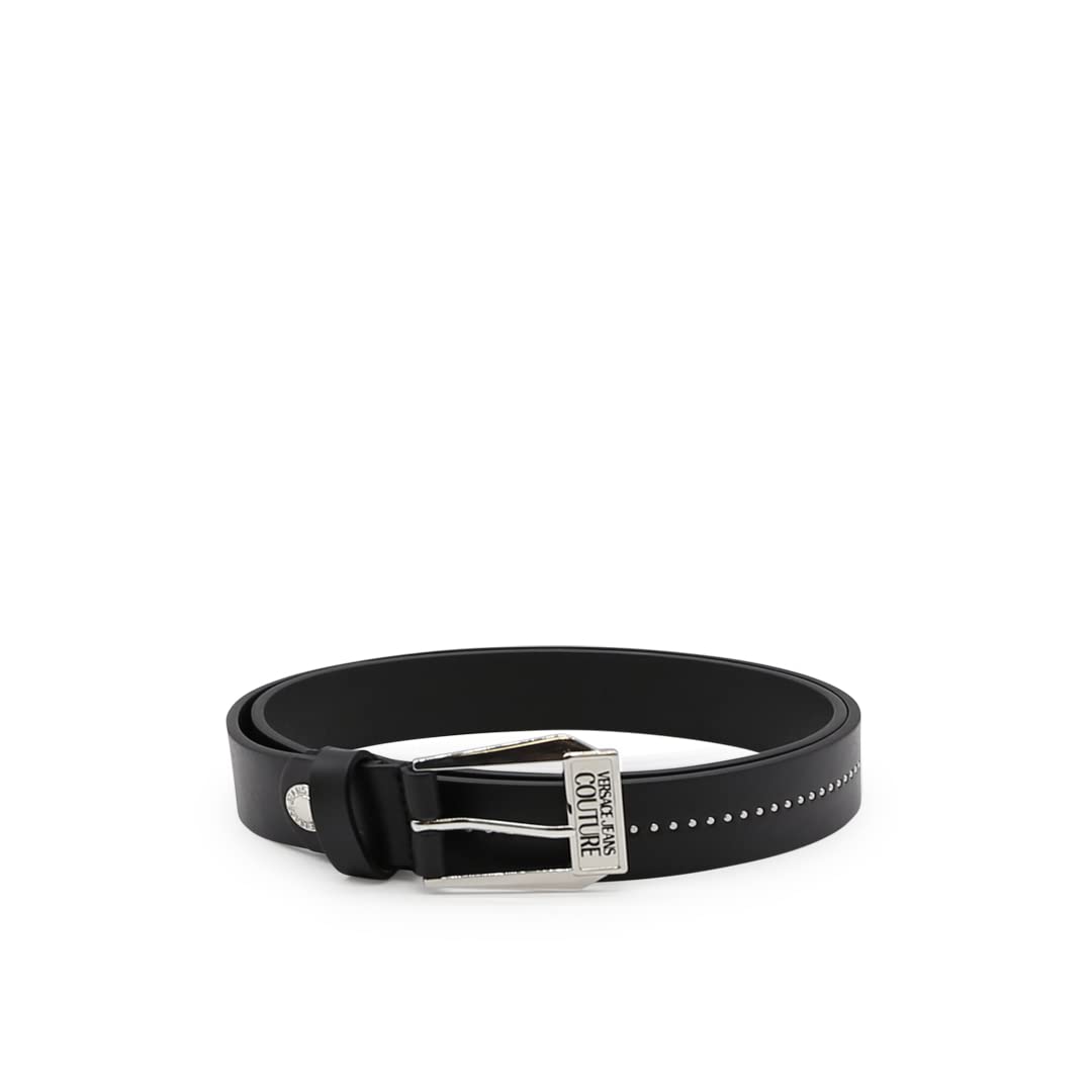 Versace Jeans Couture Men's Black Leather Belt with Silver Metal Buckle & Micro Studs - 72YA6F03 | Stylish Designer Belt for Casual Wear, Office & Night Out