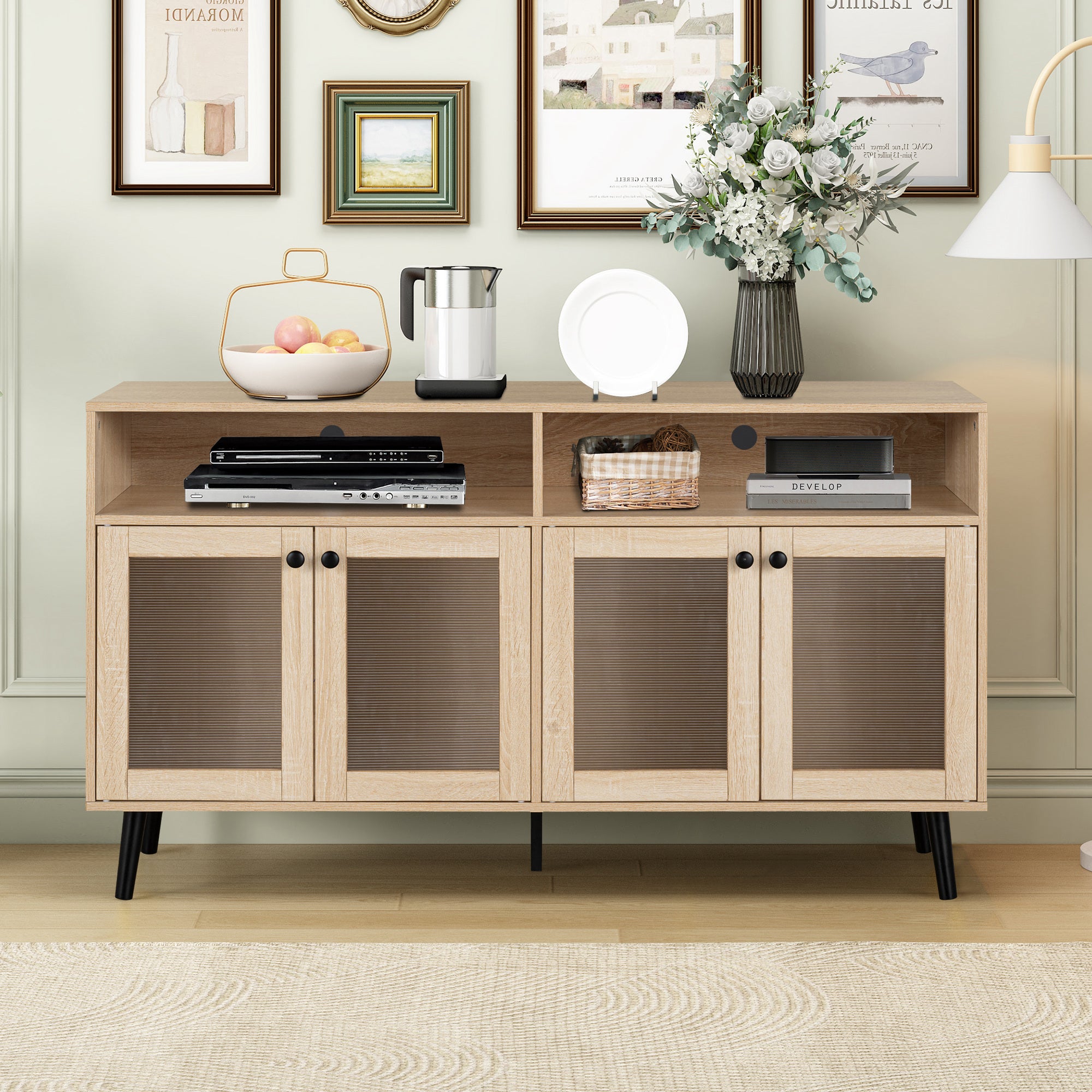 Mid Century Modern TV Stand 56 Inch - Evans Wooden Entertainment Center with Open Shelves & Storage Cabinets for Living Room, Bedroom - Perfect for Home Theater Setup & Media Organization