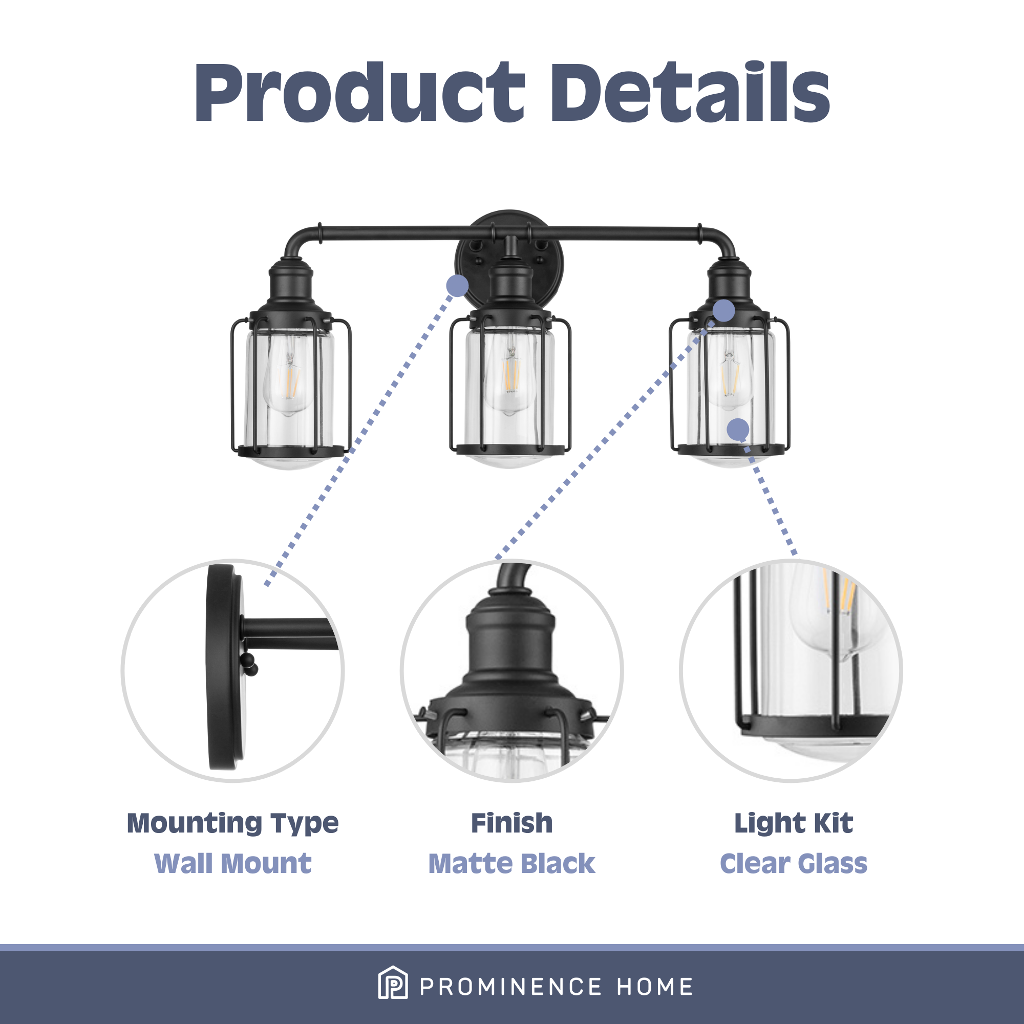 Lincoln Woods 3-Light Vanity Light Fixture in Matte Black - Perfect for Bathroom, Bedroom, and Dressing Room Lighting