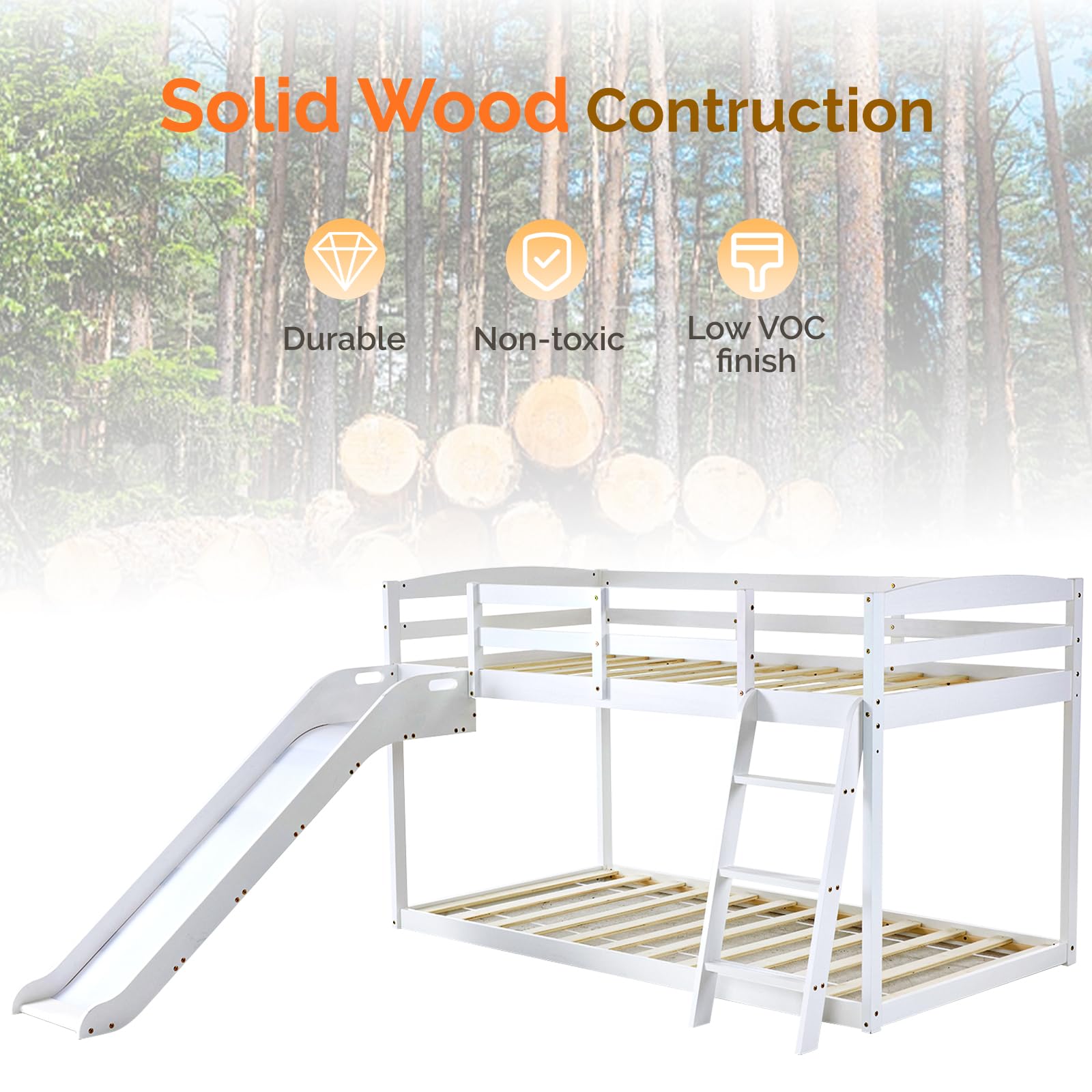 JOYMOR Twin Over Twin Bunk Bed with Curved Slide - Solid Pine Wood Low Bunk Bed with Angled Ladder & 14